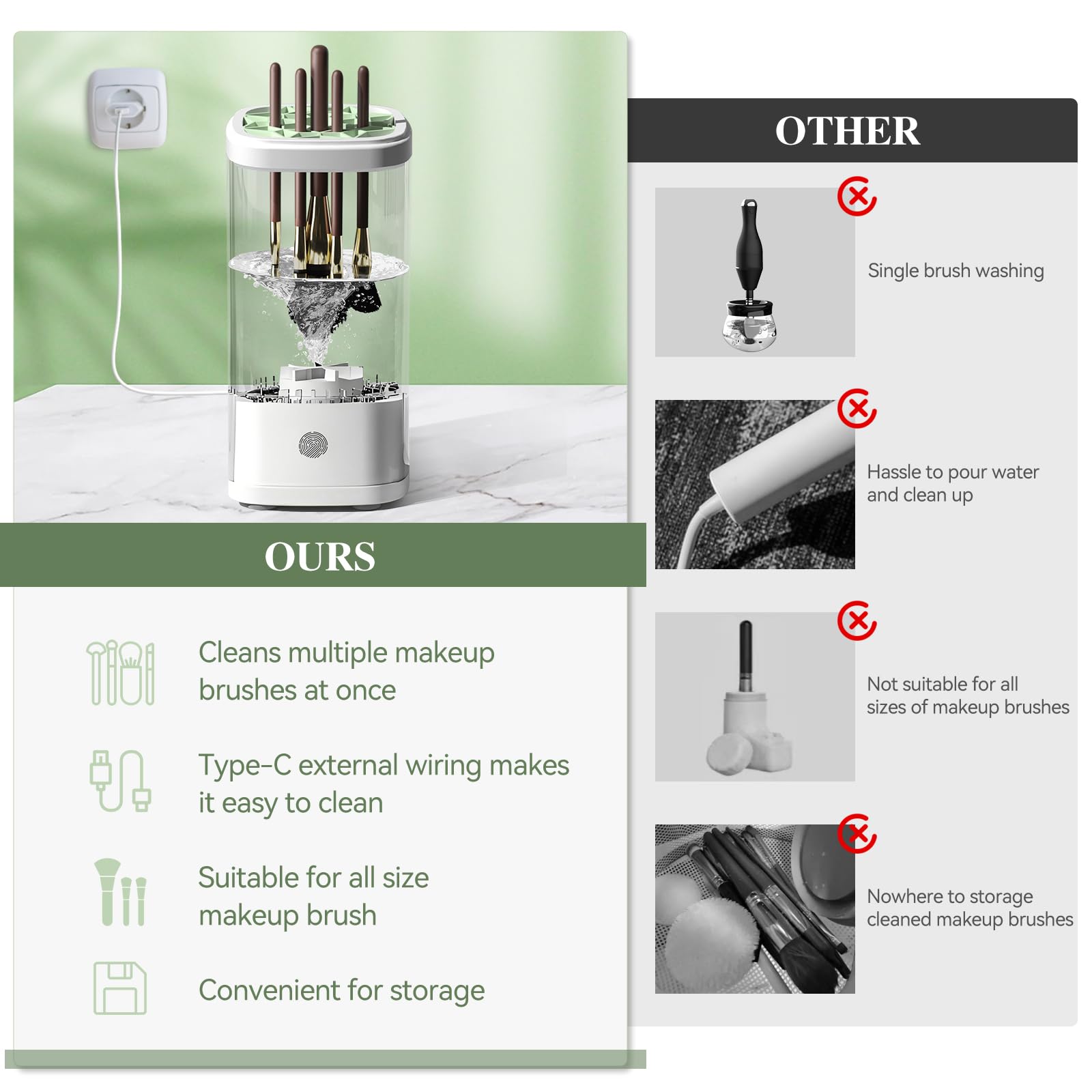 Vseomay electric makeup brush cleaner performs 360 degree cleaning.