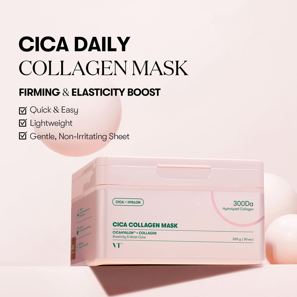 VT COSMETICS CICA Collagen Daily Mask sheet close-up on 0.2mm nude-seal.