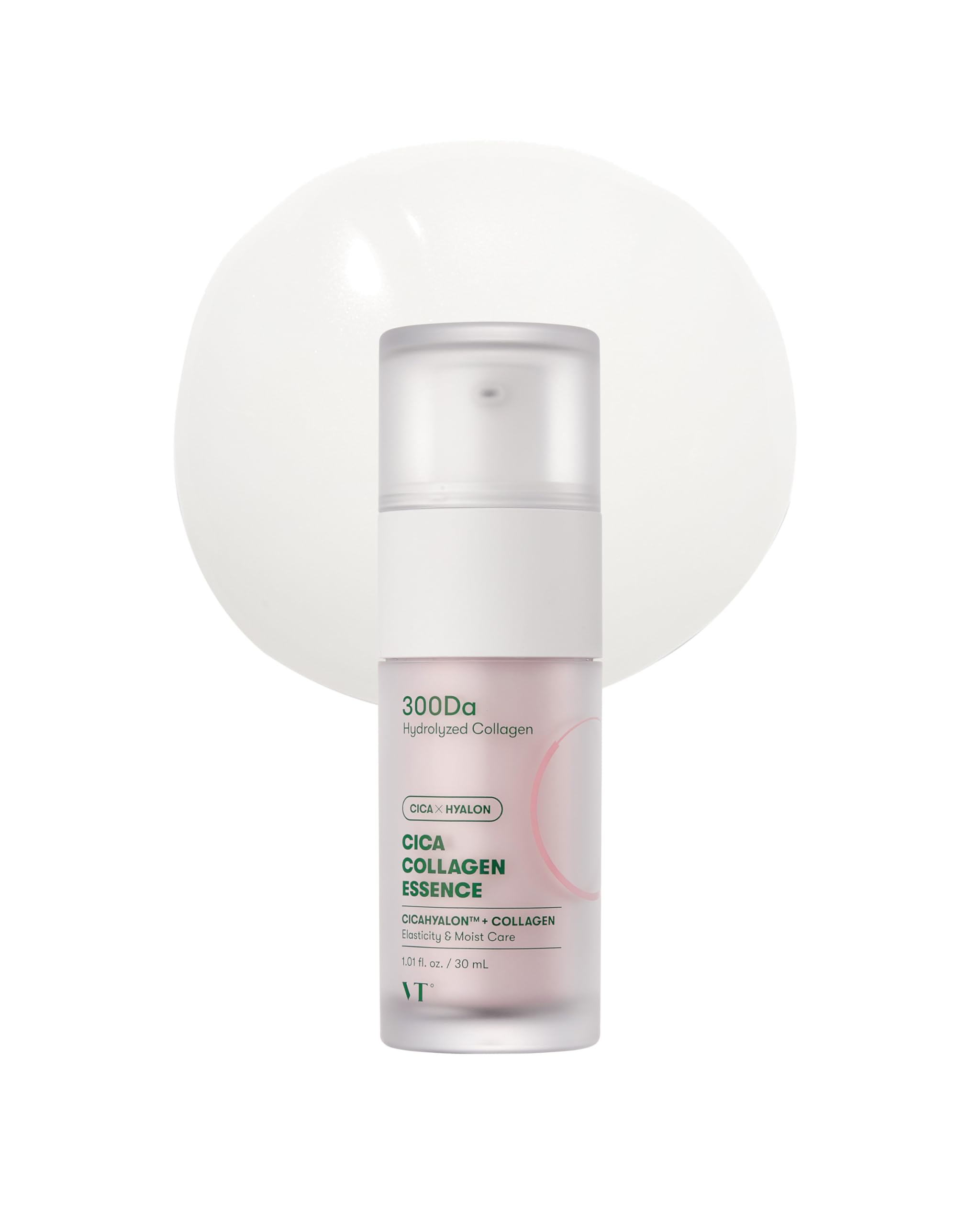 VT COSMETICS Cica Collagen Essence bottle close-up, pink serum for firming and plumping.