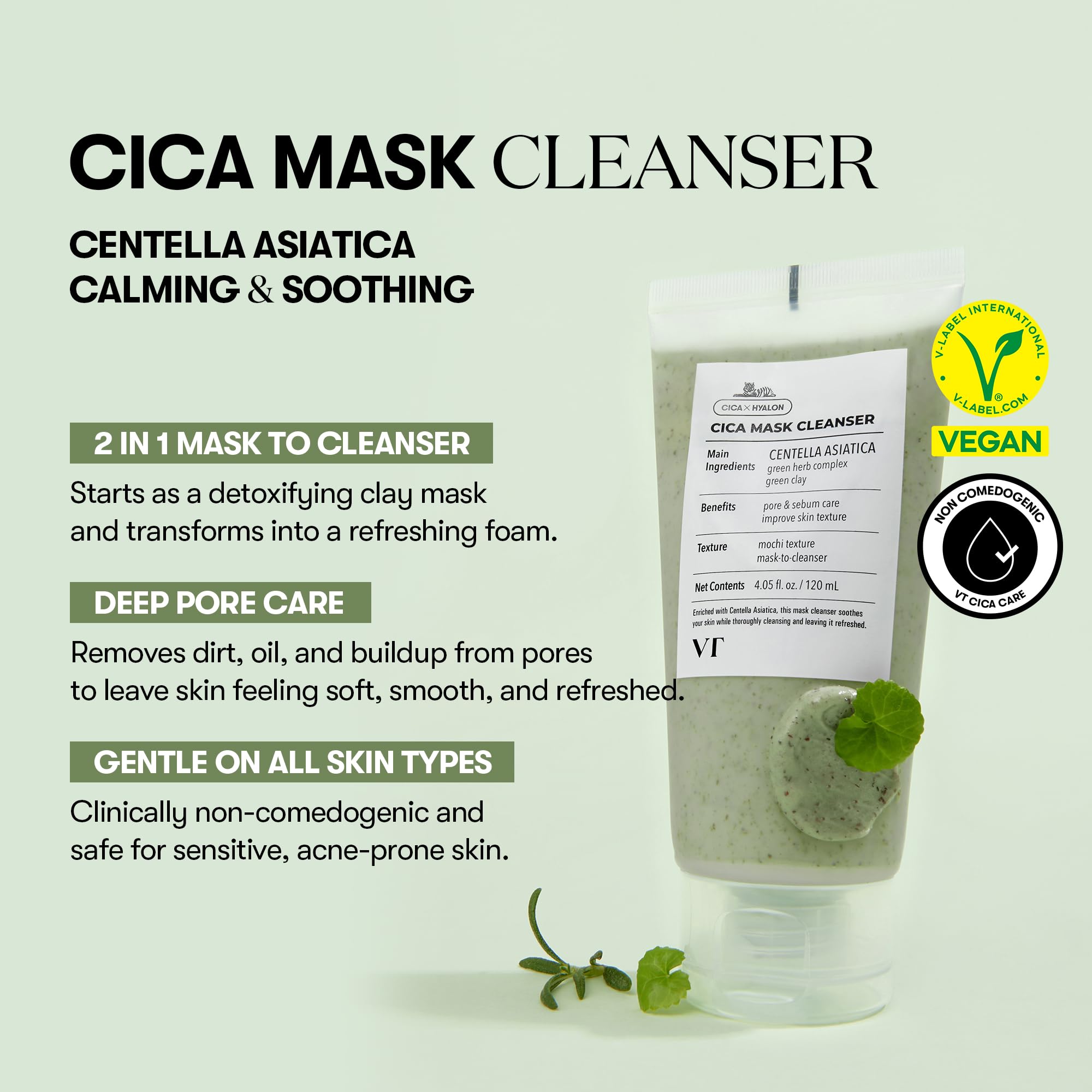 VT COSMETICS CICA Mask Cleanser texture close-up shows creamy mochi formula for comfortable application.
