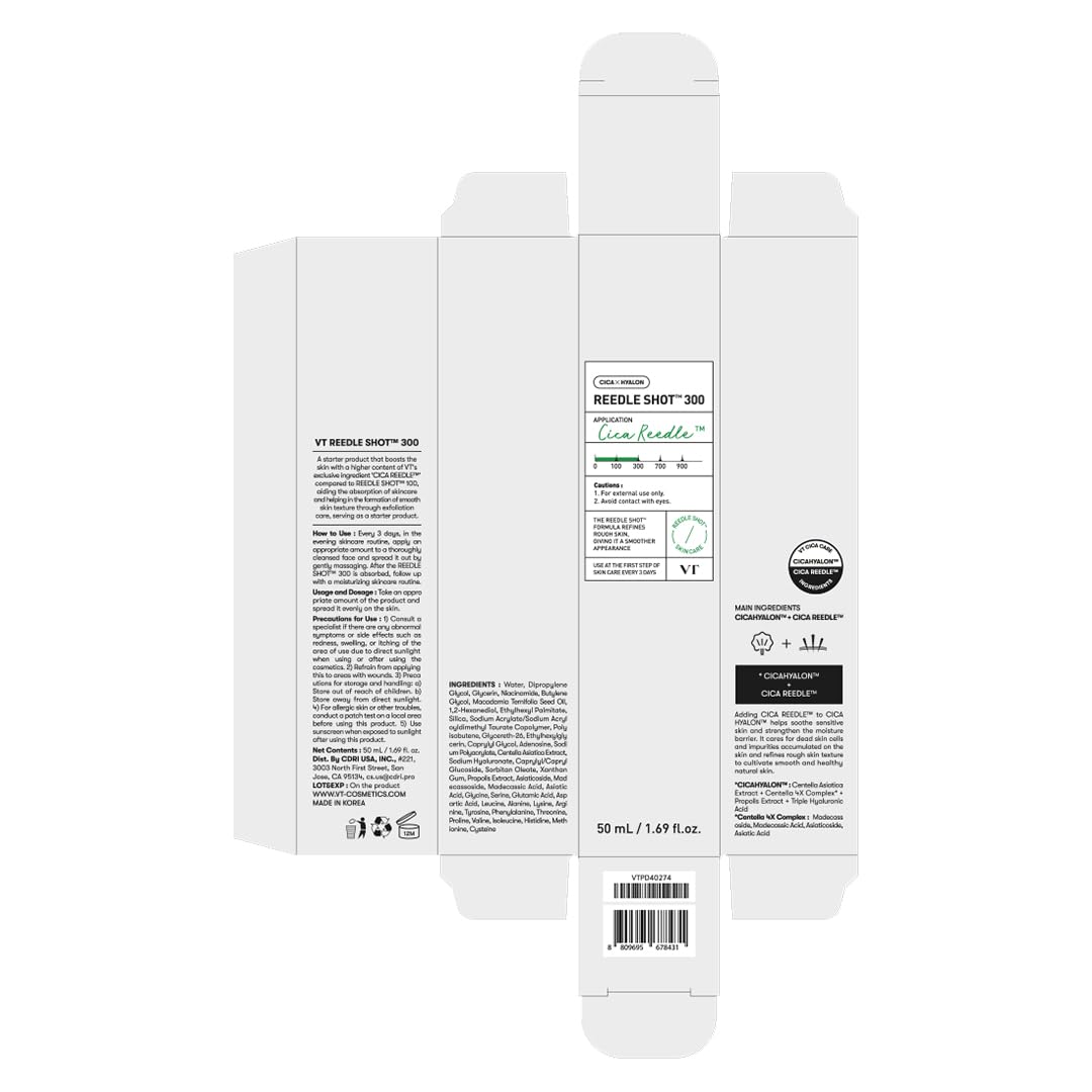 VT COSMETICS CICA Reedle Shot ingredients centella hyaluronic propolis in focus.