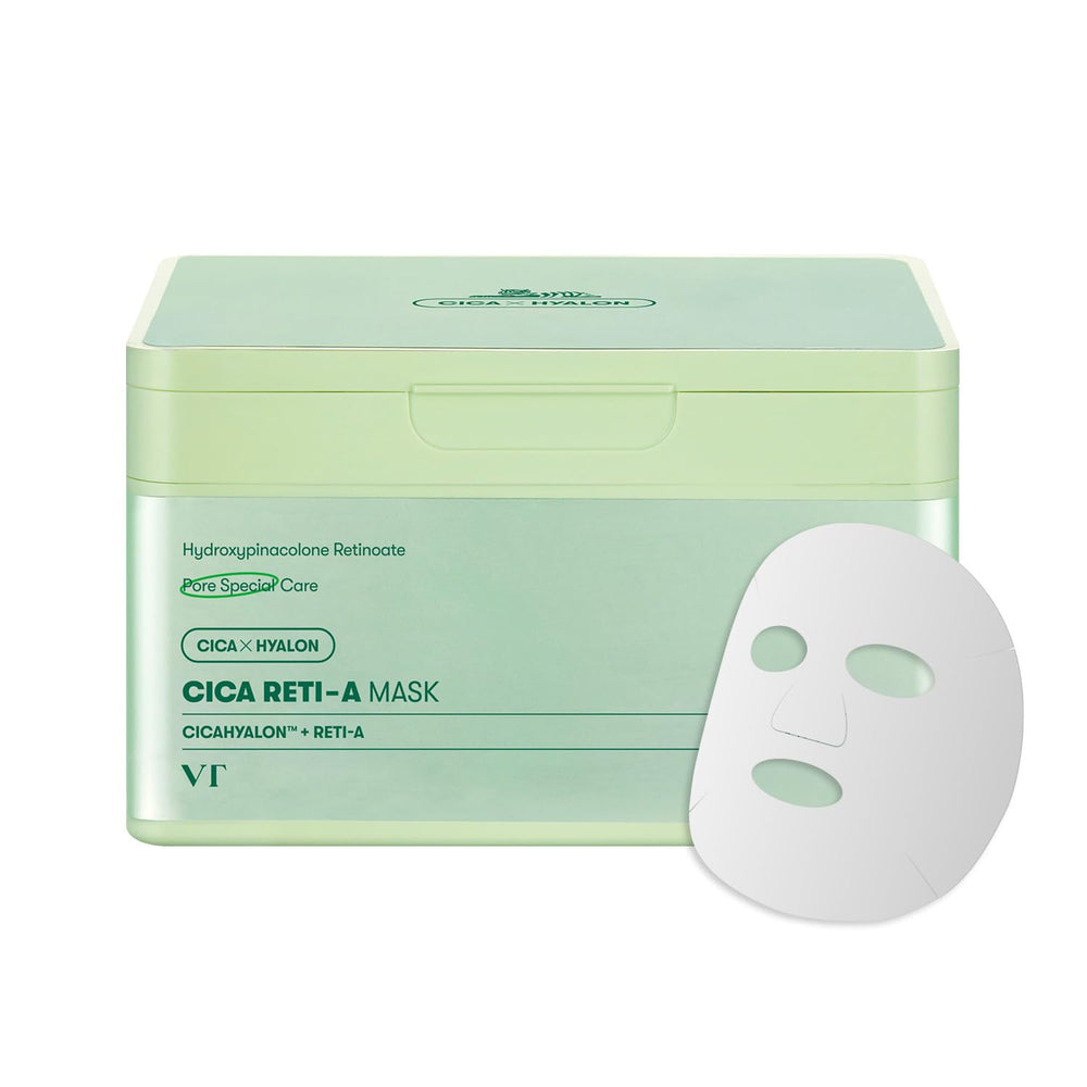 VT COSMETICS CICA Reti-A daily mask bottle close-up highlighting advanced retinol formula for pore-minimizing care.