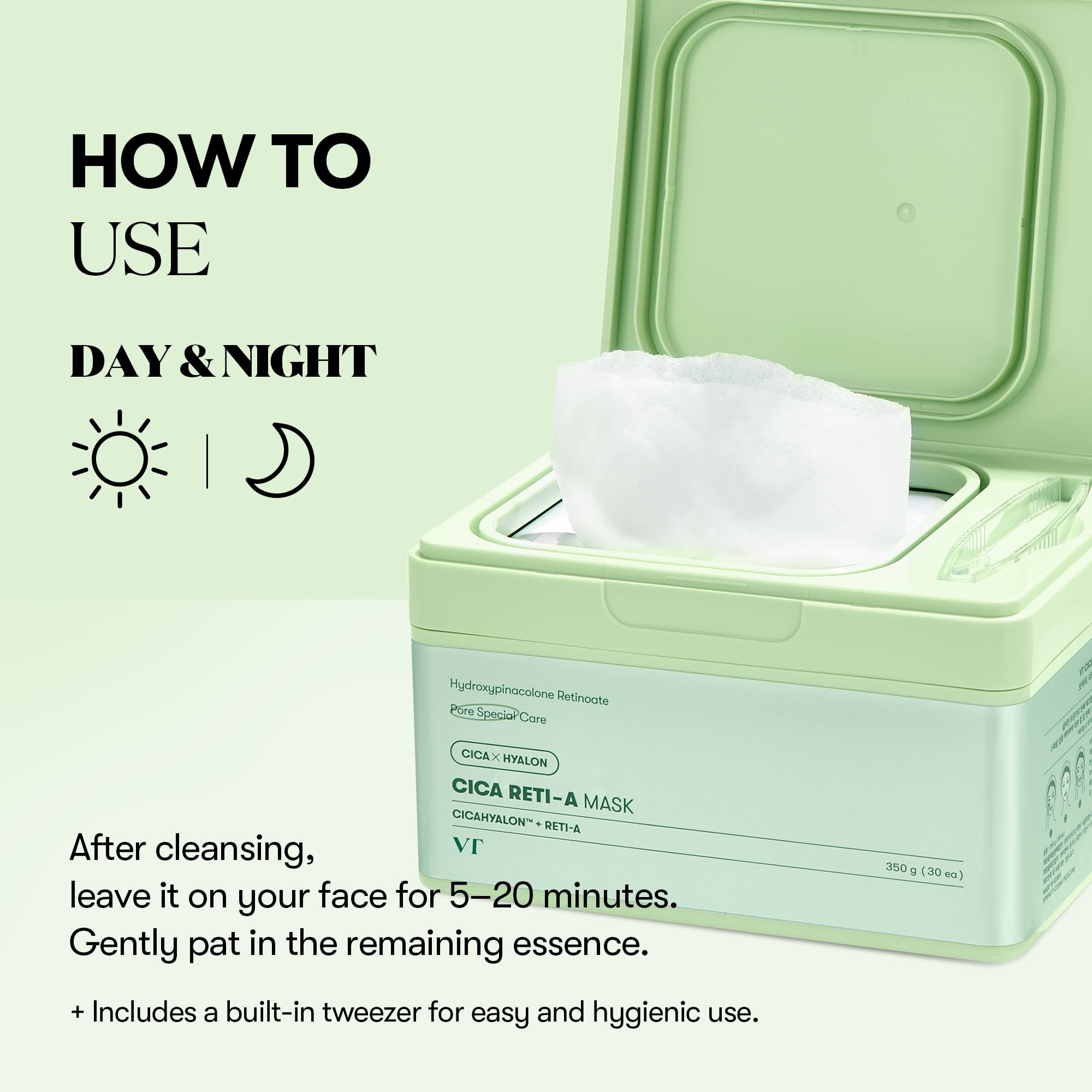VT COSMETICS CICA Reti-A daily mask in a quick 5-minute routine concept for busy days.