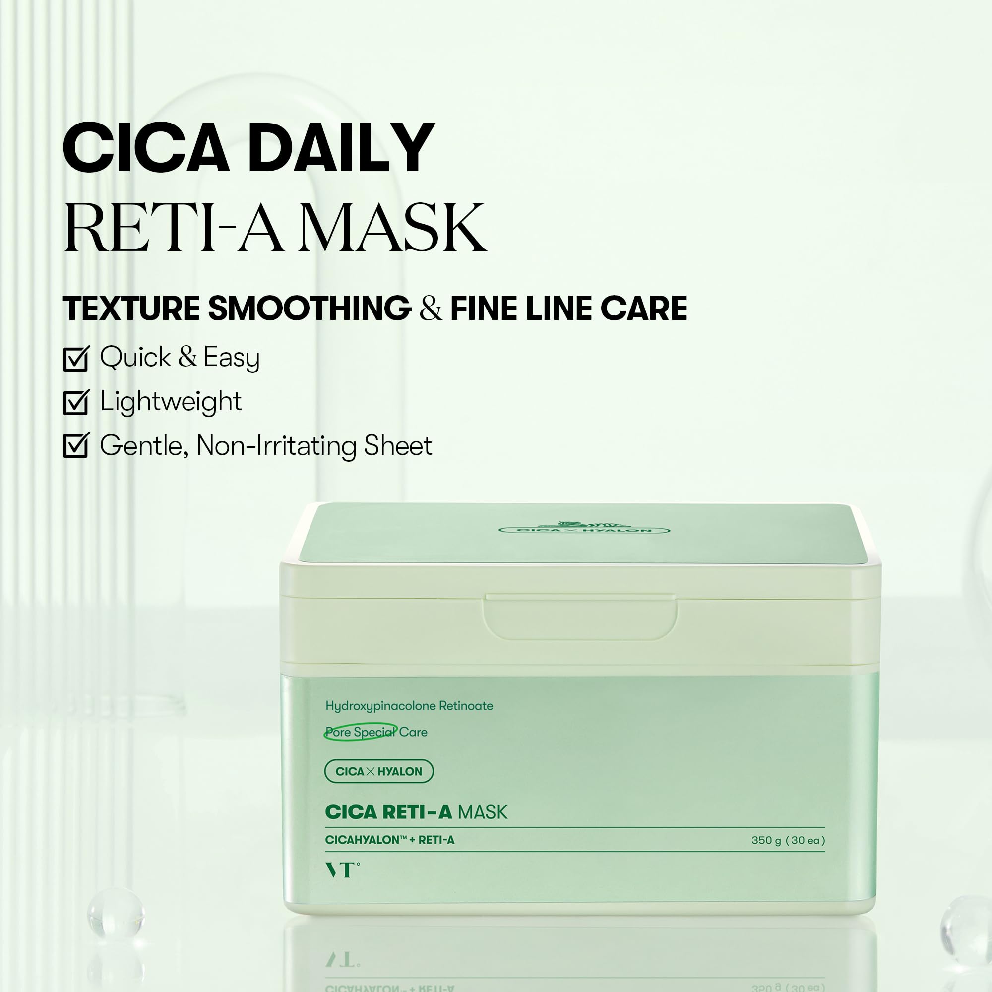 VT COSMETICS CICA Reti-A daily mask hydration blend swirl indicating hydrating LHA for smoother skin.