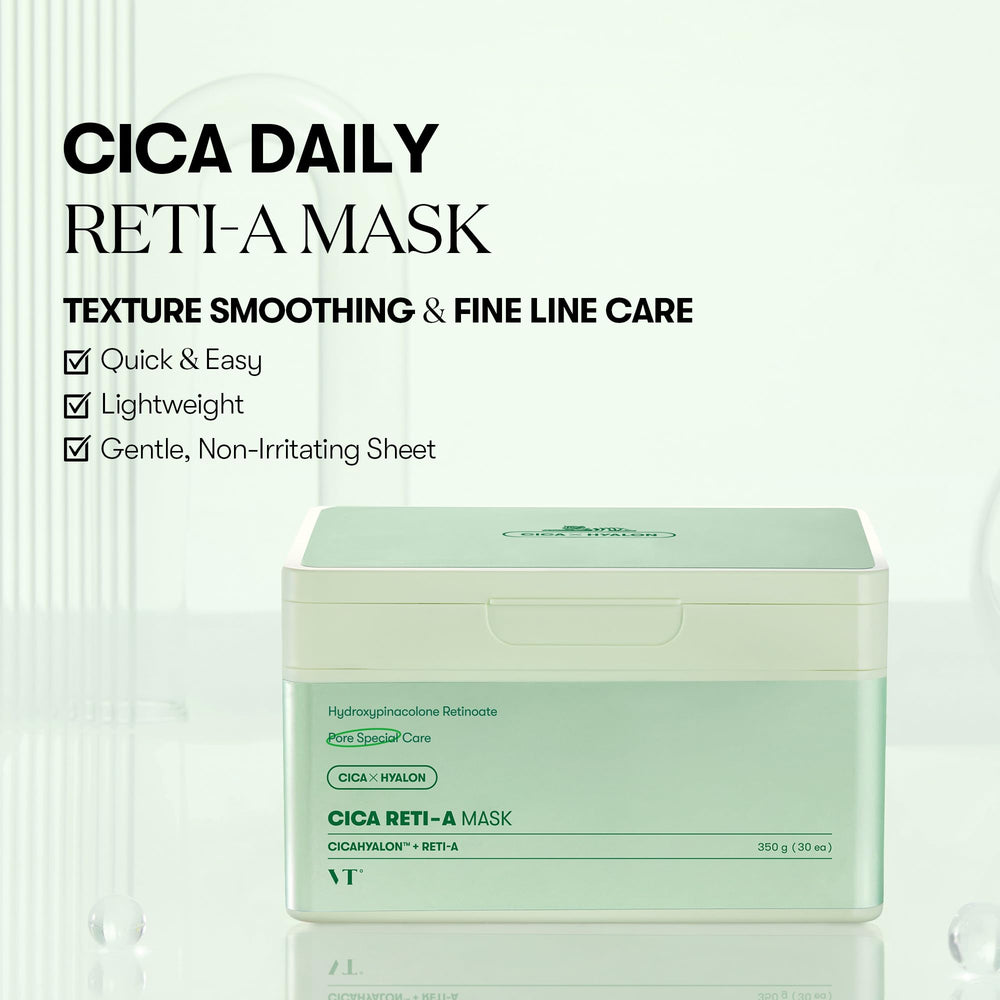 VT COSMETICS CICA Reti-A daily mask hydration blend swirl indicating hydrating LHA for smoother skin.