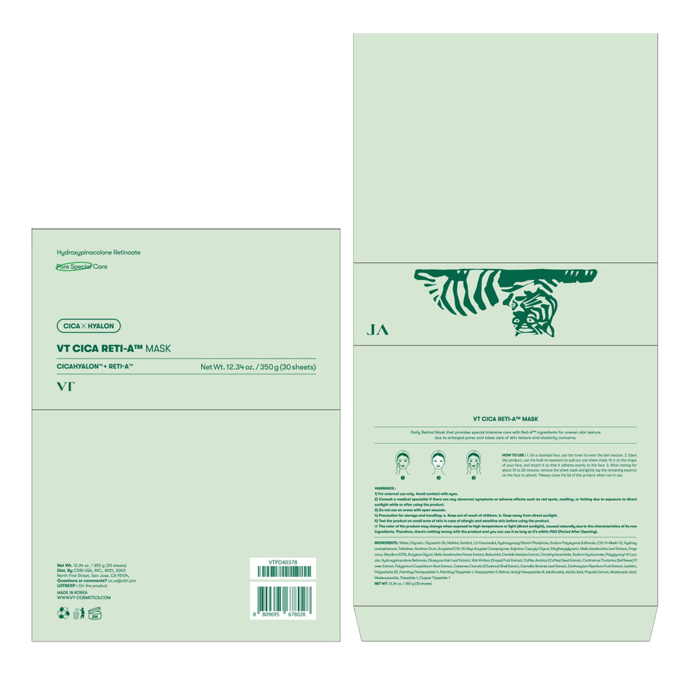 VT COSMETICS CICA Reti-A daily mask packaging showcasing Korean skincare heritage.