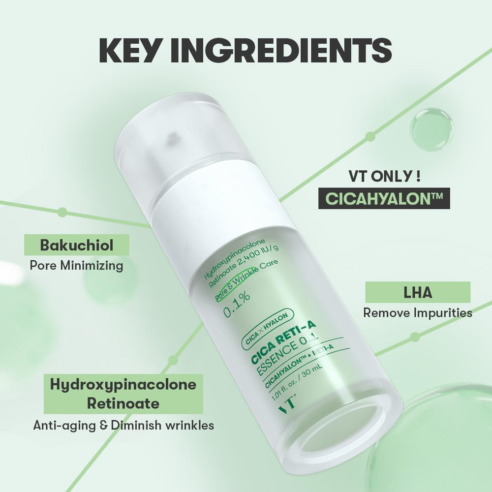 VT COSMETICS Cica Reti-A Retinol Essence airless packaging safeguards freshness and potency.