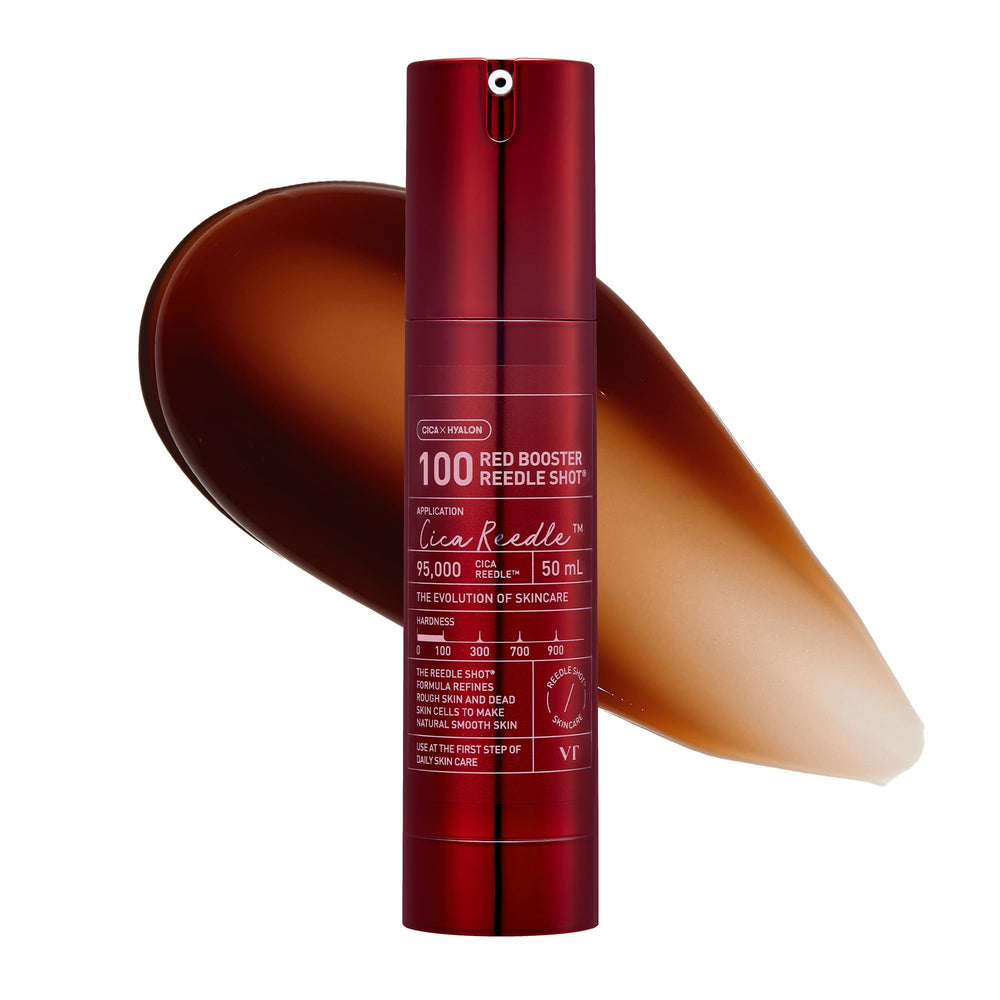 VT COSMETICS Color Reedle Shot Red Booster pack close-up showing bold shade and glossy finish.