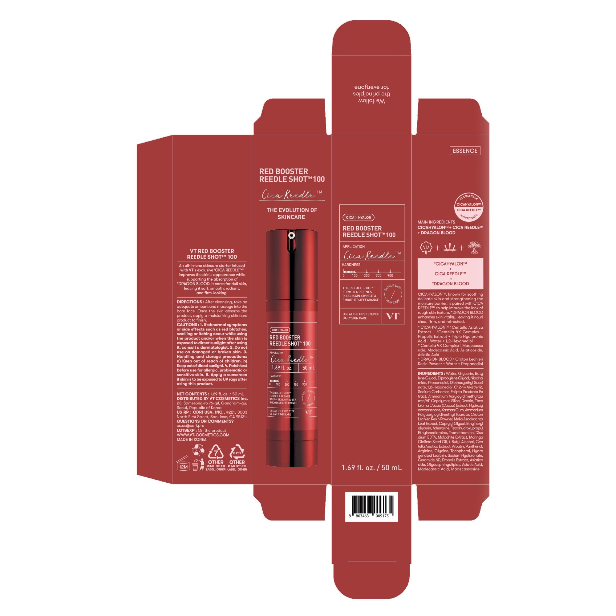 VT COSMETICS Color Reedle Shot Red Booster packaging communicates brand precision and premium feel.