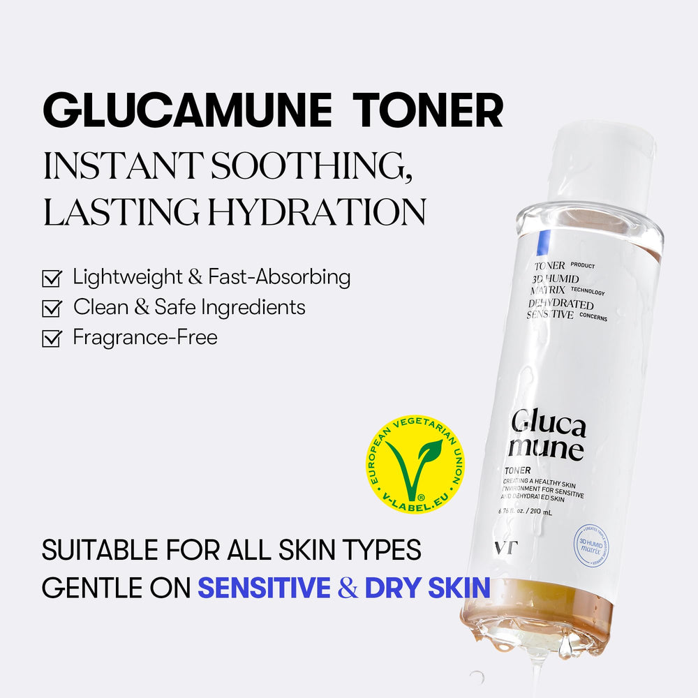 VT COSMETICS Glucamune toner drops application demonstrates a light, non-sticky hydration layer.