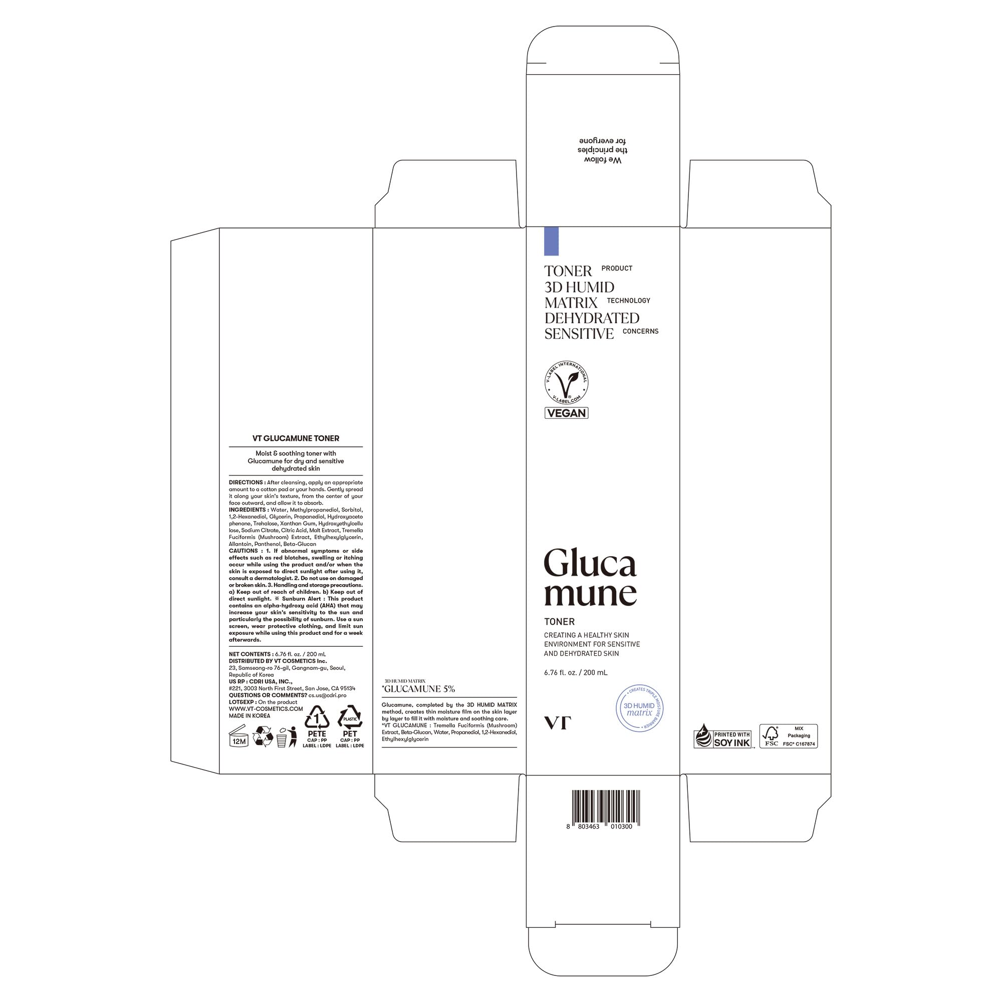 VT COSMETICS Glucamune toner fragrance-free formula closeup signals gentle hydration for delicate skin.
