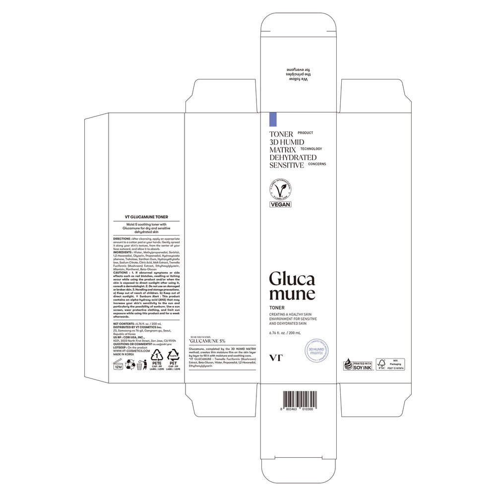 VT COSMETICS Glucamune toner fragrance-free formula closeup signals gentle hydration for delicate skin.
