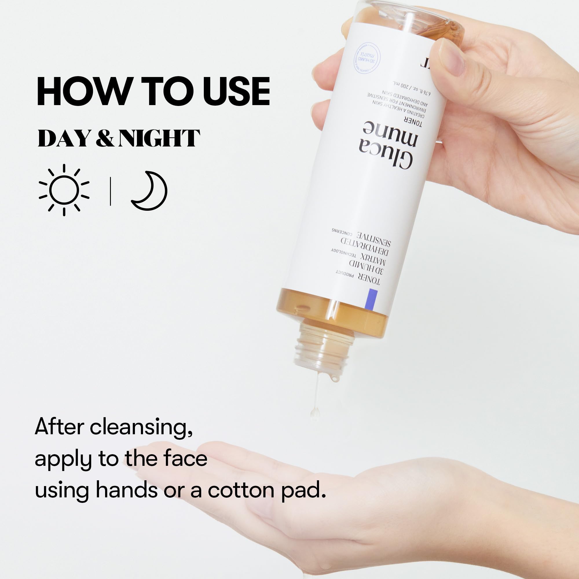 VT COSMETICS Glucamune toner routine steps depict daily hydrating skincare sequence.