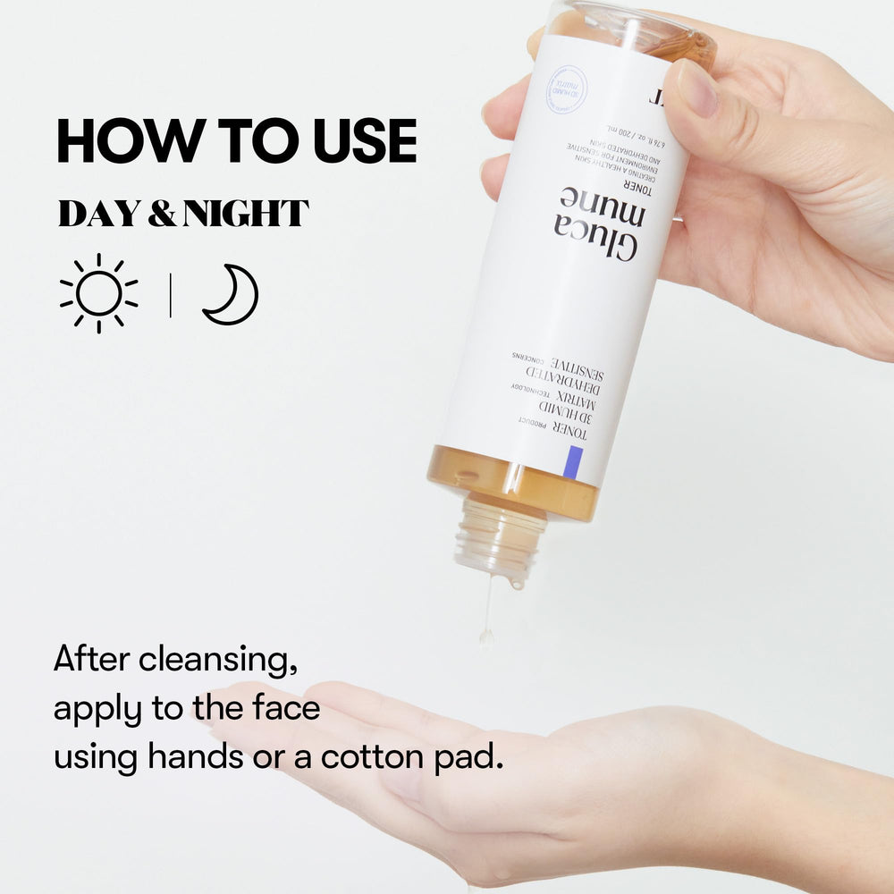 VT COSMETICS Glucamune toner routine steps depict daily hydrating skincare sequence.