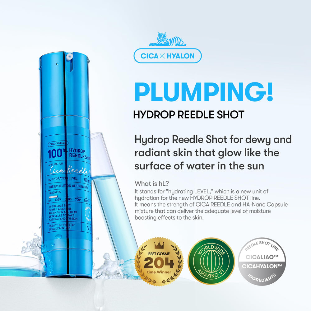 VT COSMETICS Hydrop Reedle Shot texture close-up highlighting HA nano-capsules for hydration