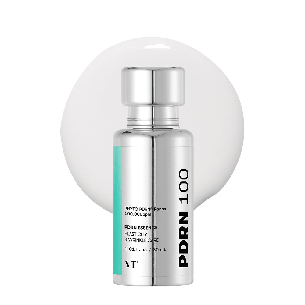 VT COSMETICS PDRN 100 Essence bottle shows vegan PDRN serum for daily radiance.