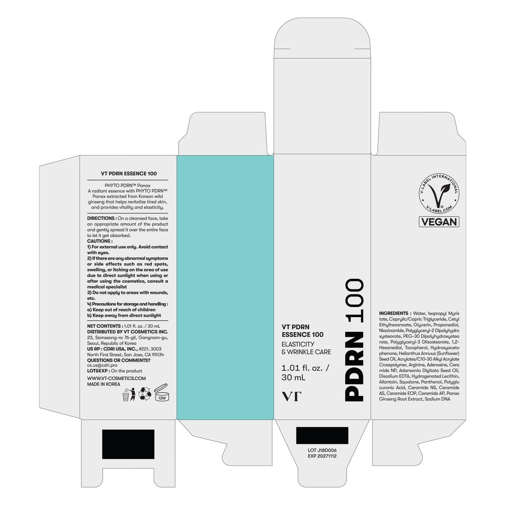 VT COSMETICS PDRN 100 Essence packaging highlights vegan formula and premium Korean skincare.
