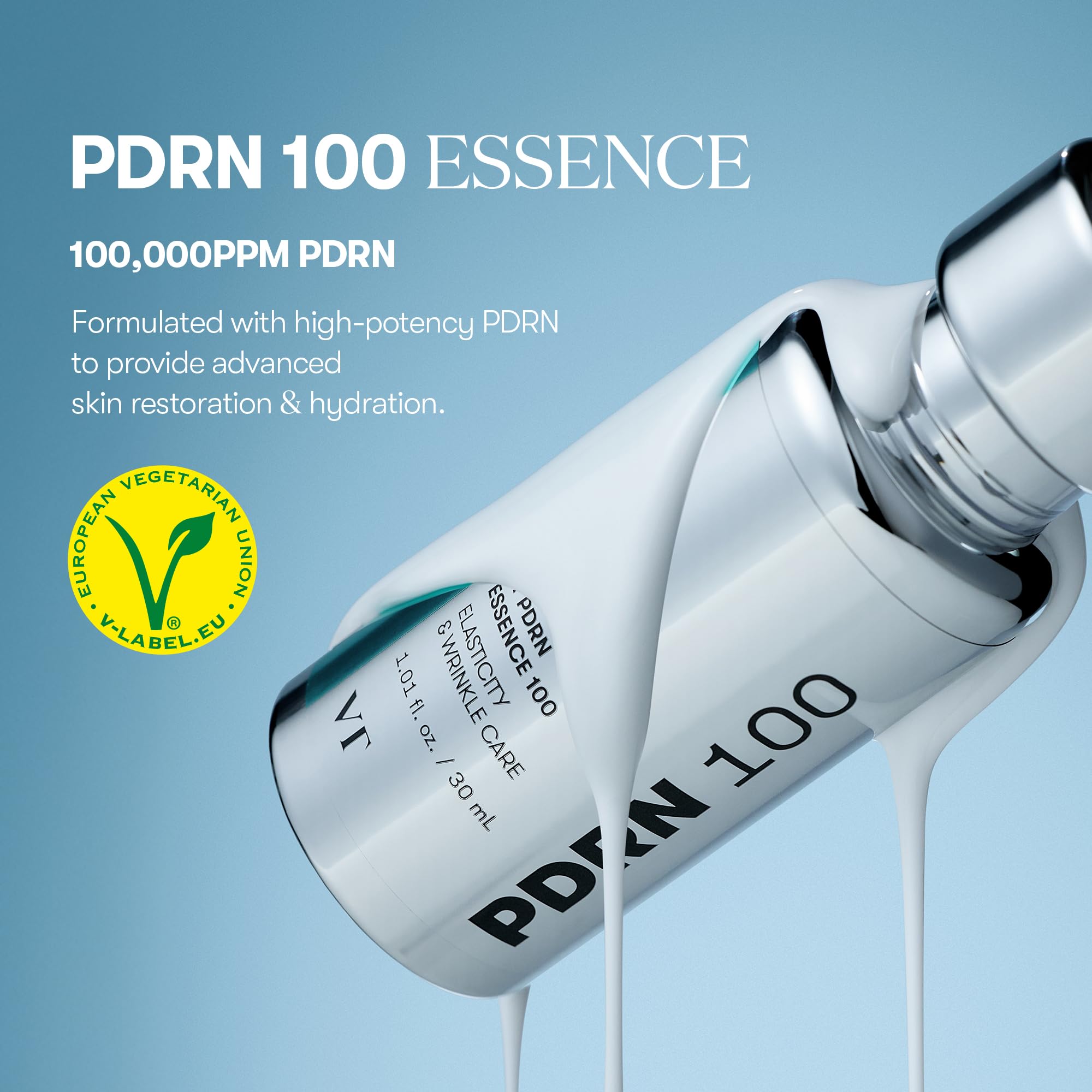 VT COSMETICS PDRN 100 Essence pump highlights easy fragrance-free application for all-day hydration.