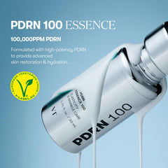 VT COSMETICS PDRN 100 Essence pump highlights easy fragrance-free application for all-day hydration.