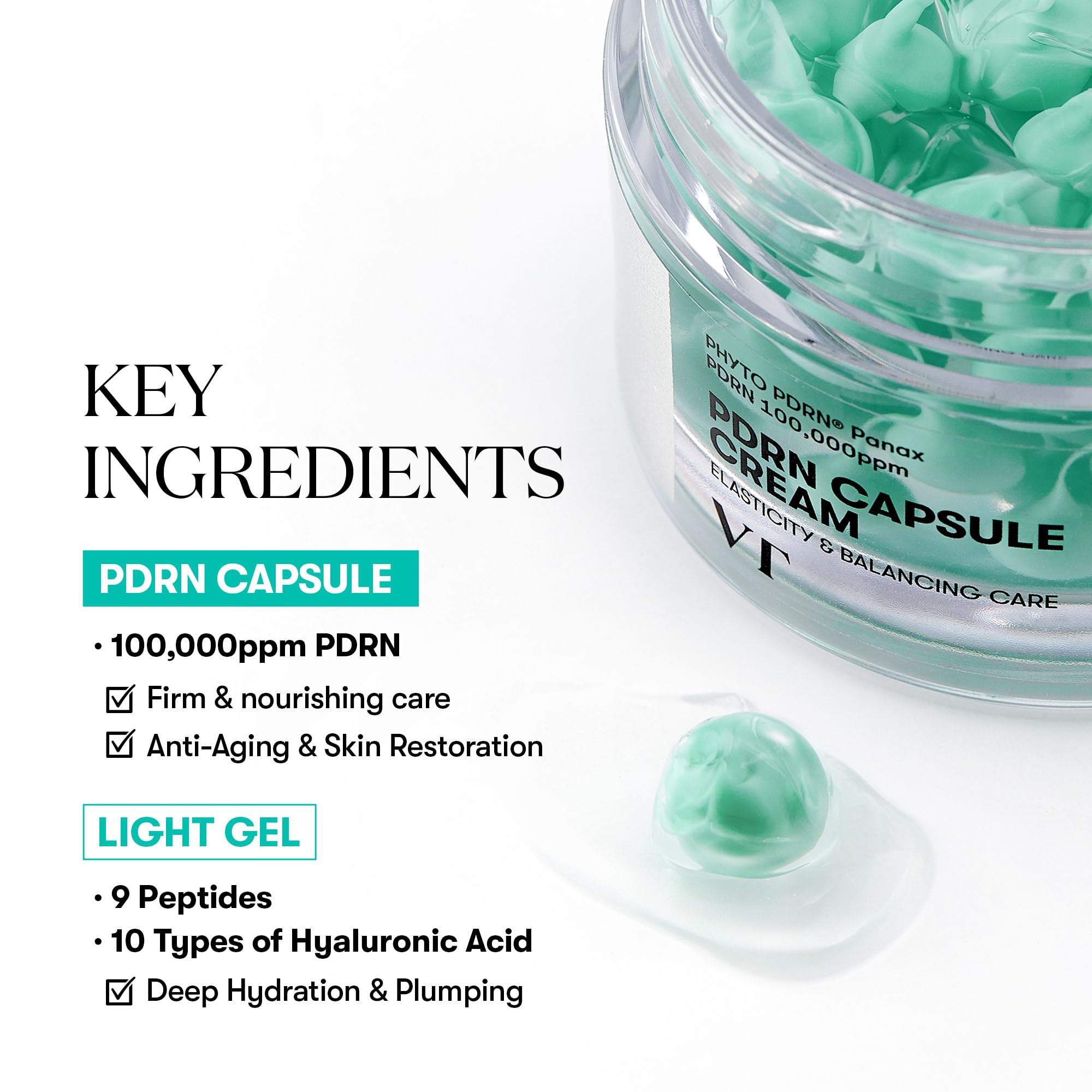 VT COSMETICS PDRN Capsule Cream gel texture melts into skin for refreshing glow.