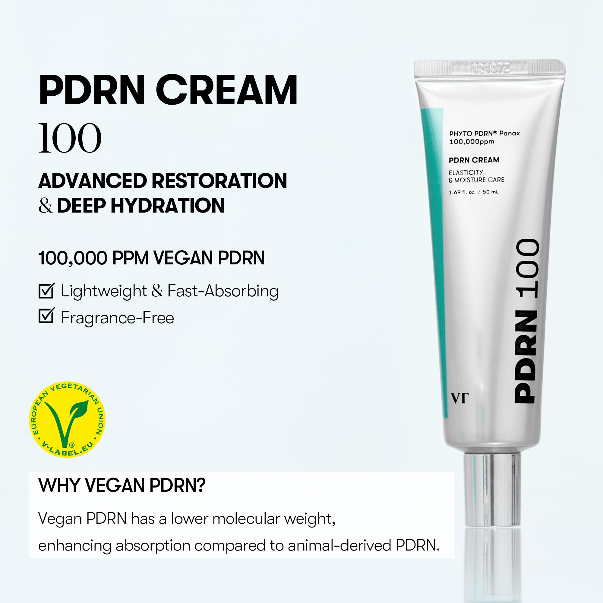 VT COSMETICS PDRN Cream blue capsule highlights hydration and soothing comfort.