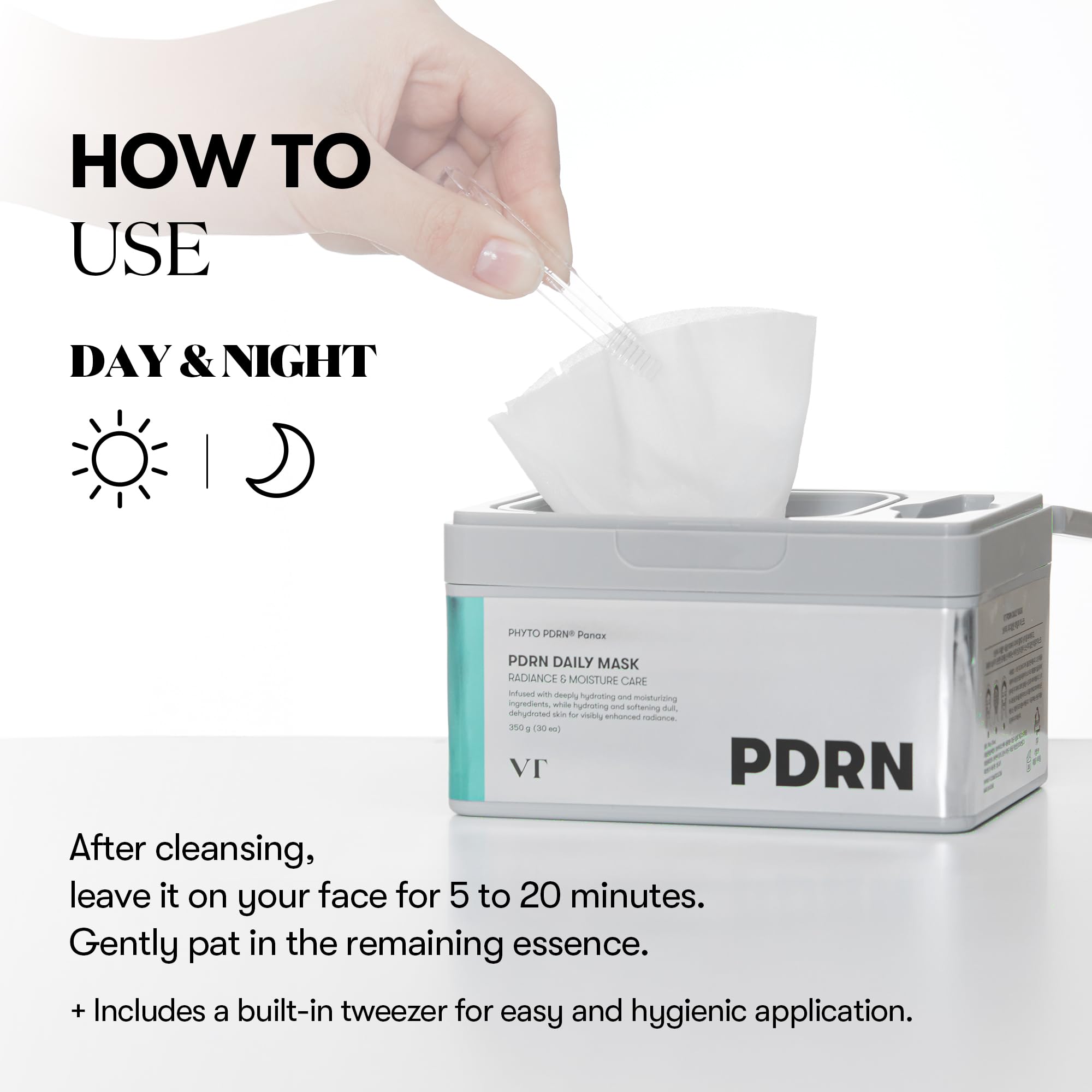 VT COSMETICS PDRN Daily Mask applied to the face during routine for quick care.
