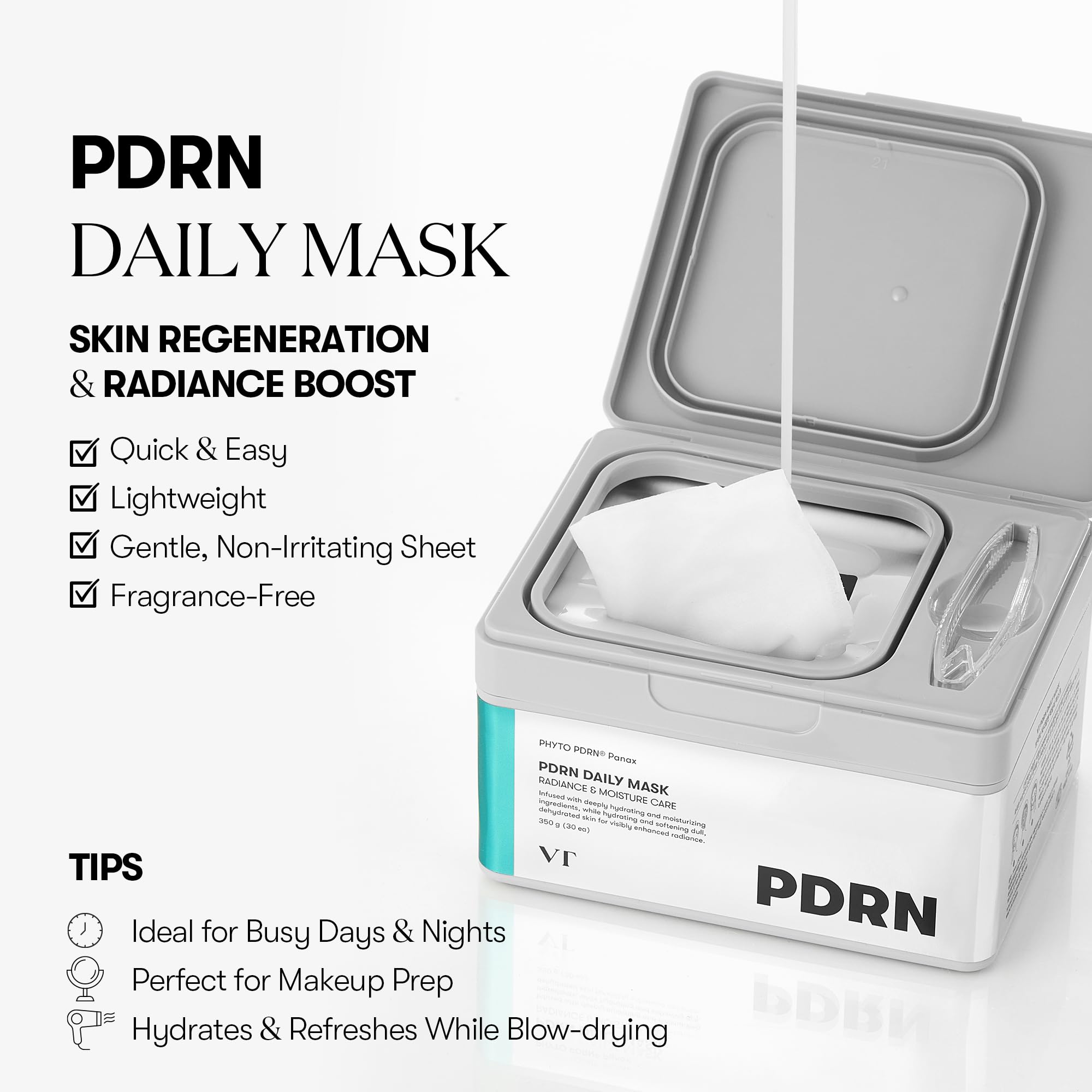 VT COSMETICS PDRN Daily Mask sheets display a sheer, breathable fabric for gentle application.