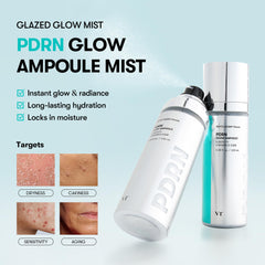 VT COSMETICS PDRN Glow Ampoule spray closeup emphasizes ultra-fine mist for fast absorption.