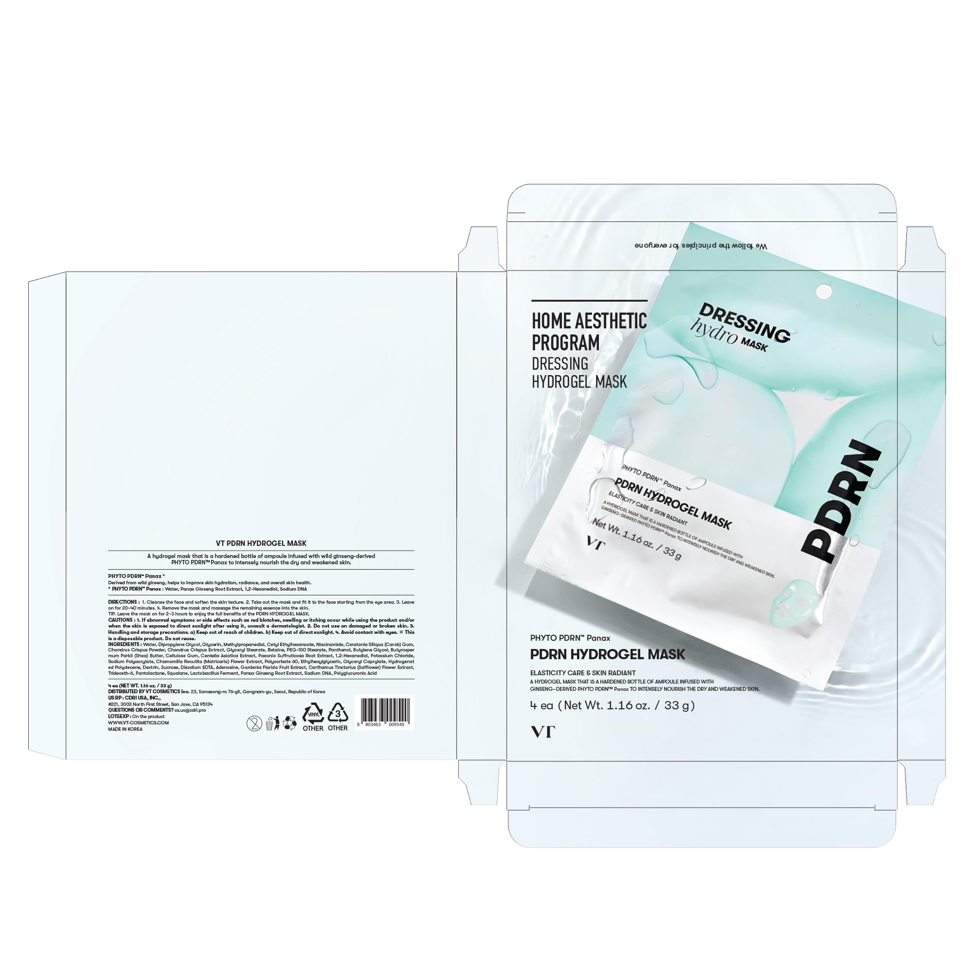 VT COSMETICS PDRN Hydrogel Mask four-pack packaging highlights convenient at-home care