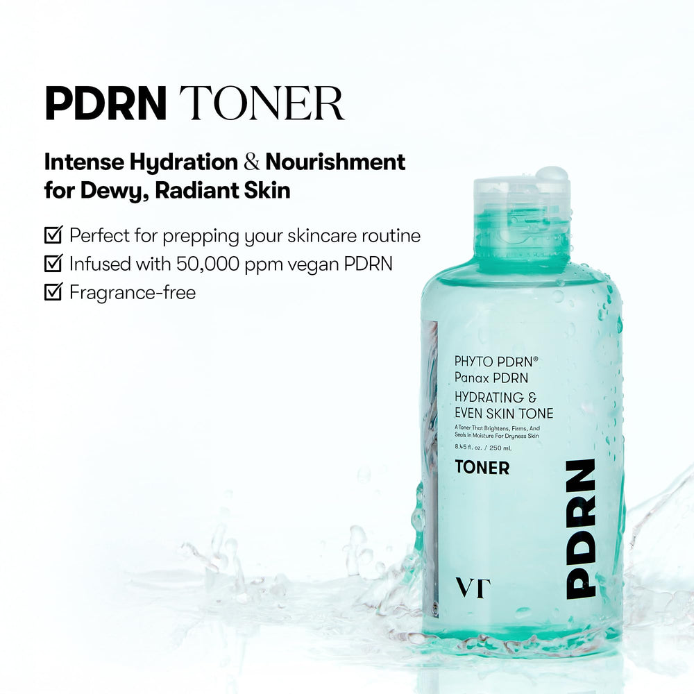 VT COSMETICS PDRN Toner packaging front highlights vegan fragrance-free formula.