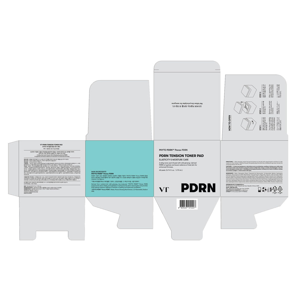 VT COSMETICS PDRN Tension Toner Pad, fórmula de baja irritación sin fragancia para uso diario.