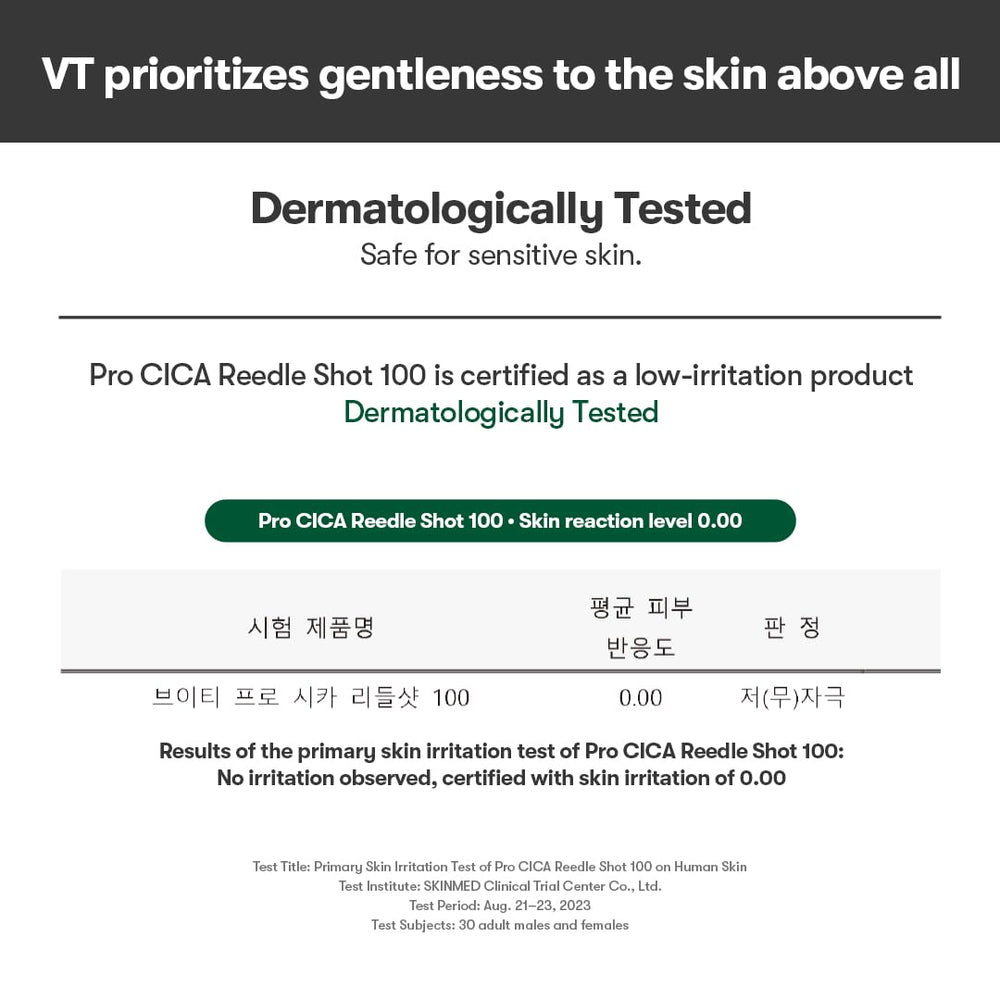 VT COSMETICS Pro Cica Reedle Shot 100 imagery emphasizing hydration and soothing feel.
