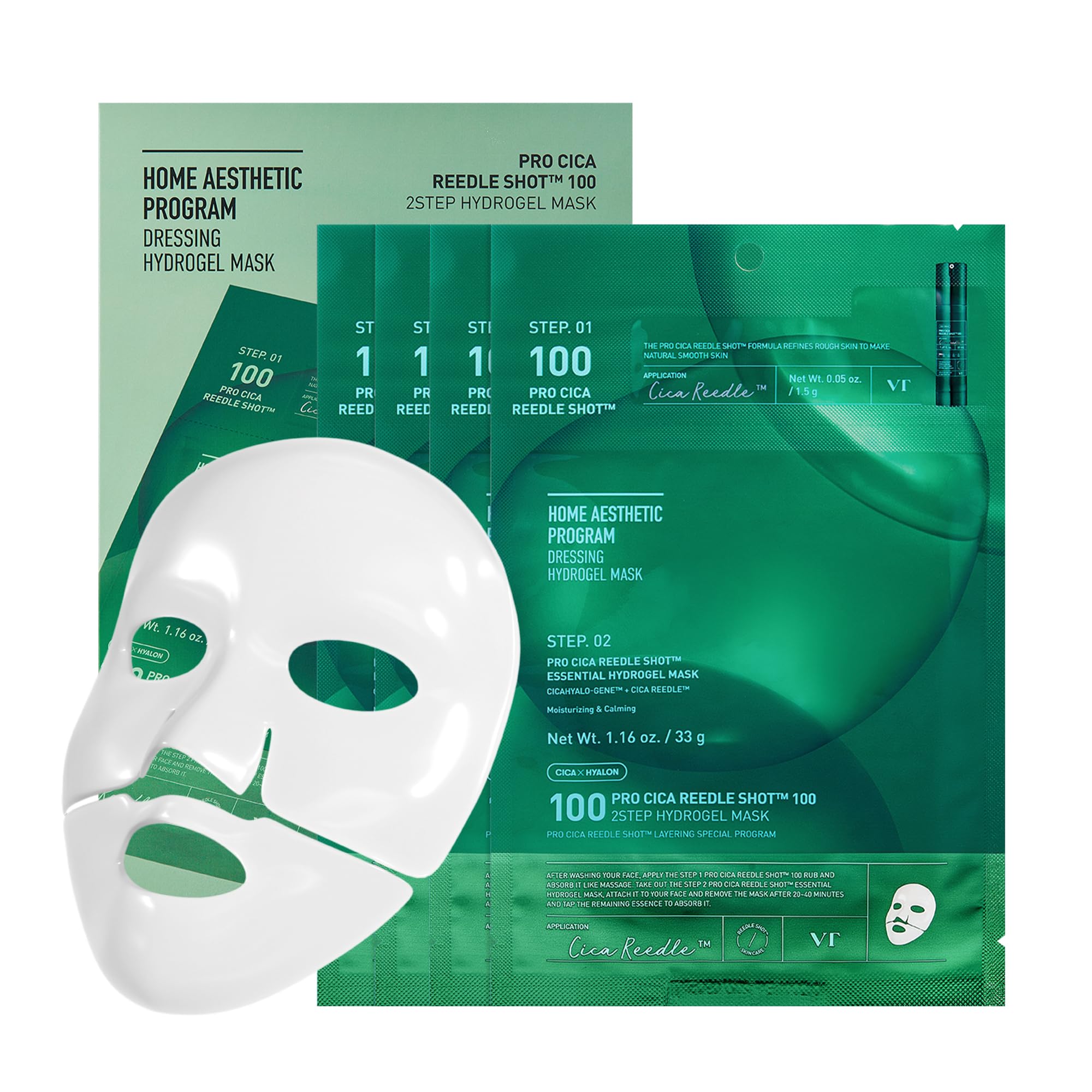 VT COSMETICS Pro Cica Reedle Shot 100 packaging shows soothing hydrogel technology for calm skin.