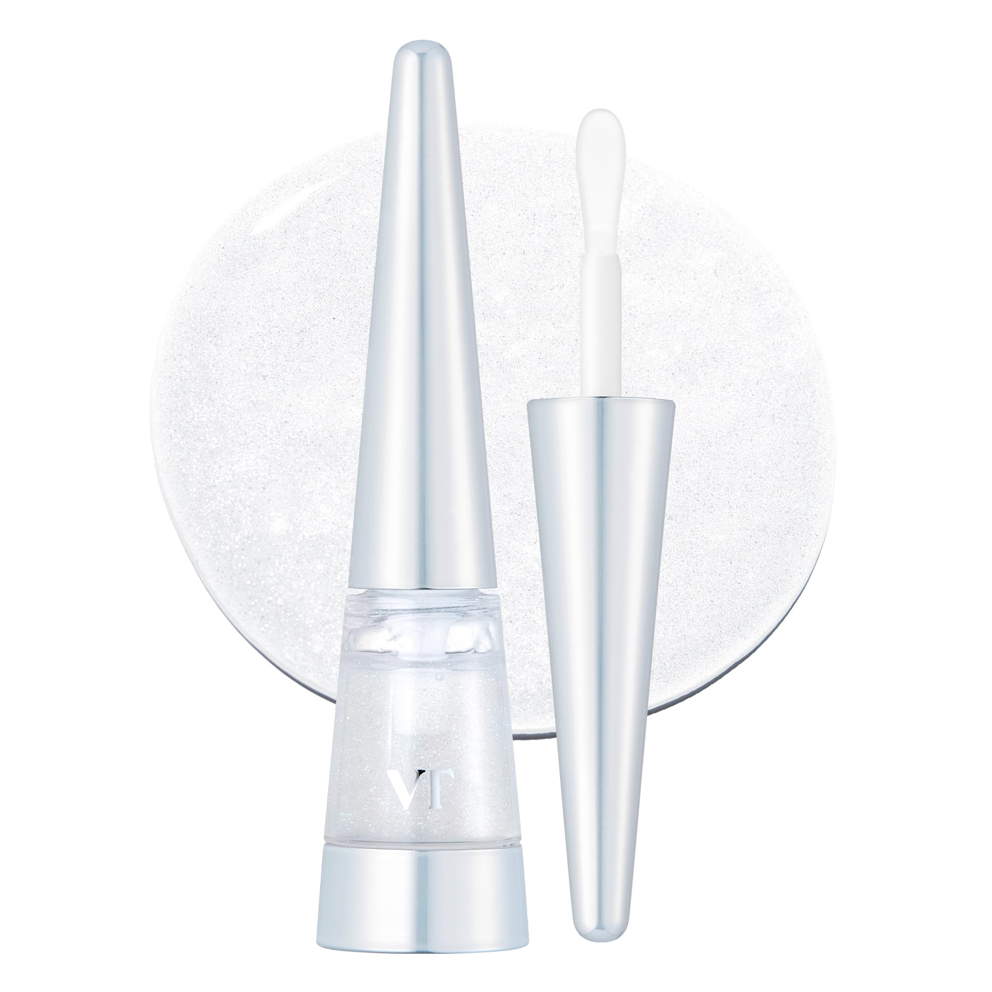 VT COSMETICS Reedle Shot lip plumper tube closeup highlights glittery gloss and lip volume