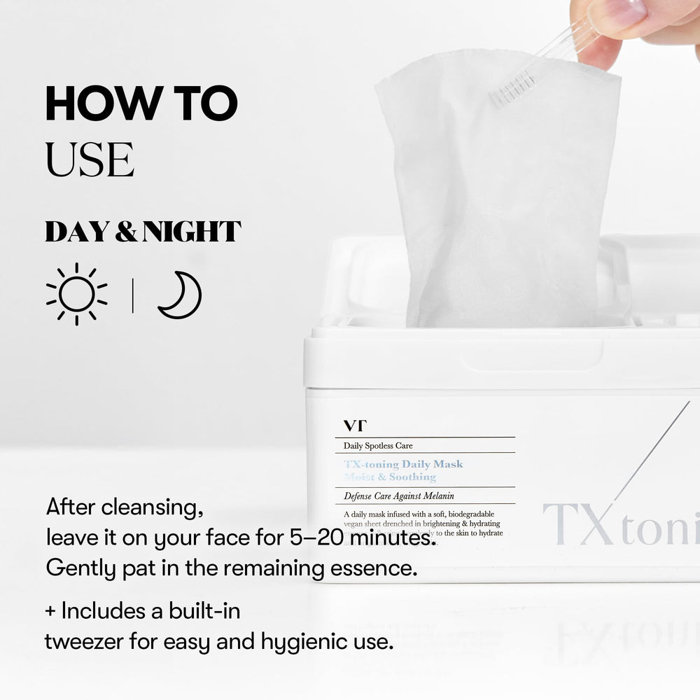 VT COSMETICS TX Toning Daily Mask fragrance-free label underlines sensitive-skin suitability