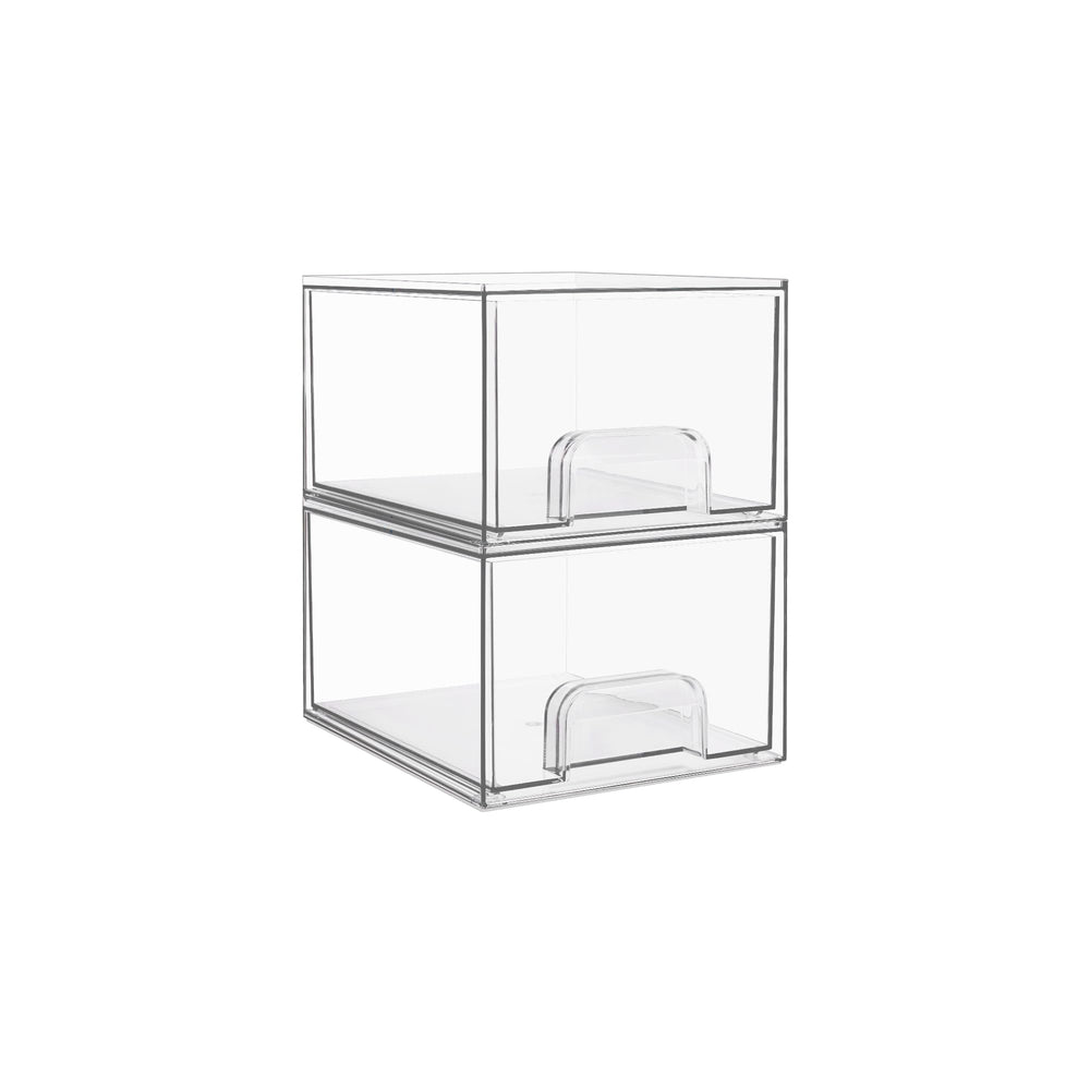 Vtopmart 2-pack clear drawer organizer on vanity for makeup storage.