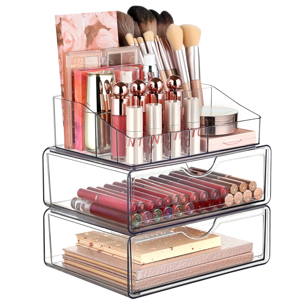Vtopmart 3-tier clear makeup organizer with drawer keeps cosmetics organized and accessible.