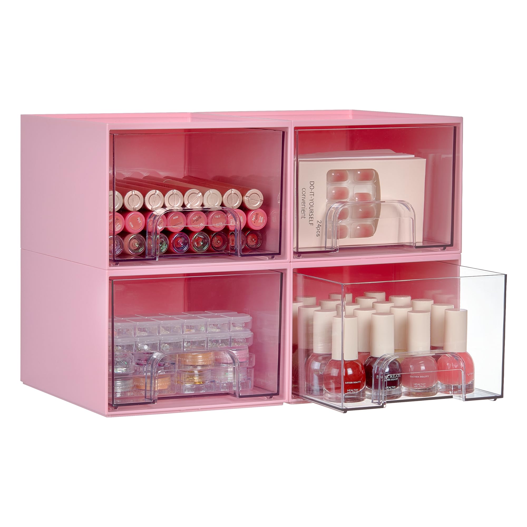 Vtopmart 4Pack cajones apilables rosa para vanity y baño, organizador de cosméticos.