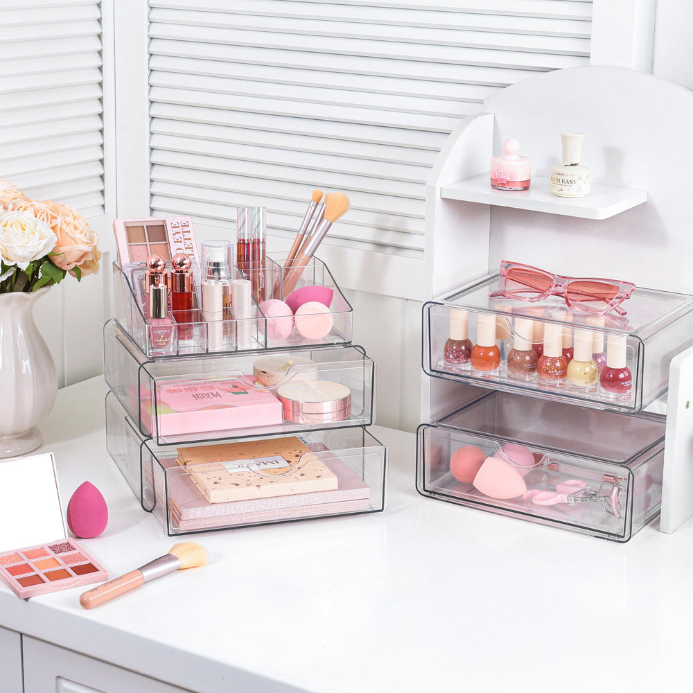 Vtopmart 5-tier clear makeup organizer drawer contents showcase organized palettes and foundations.