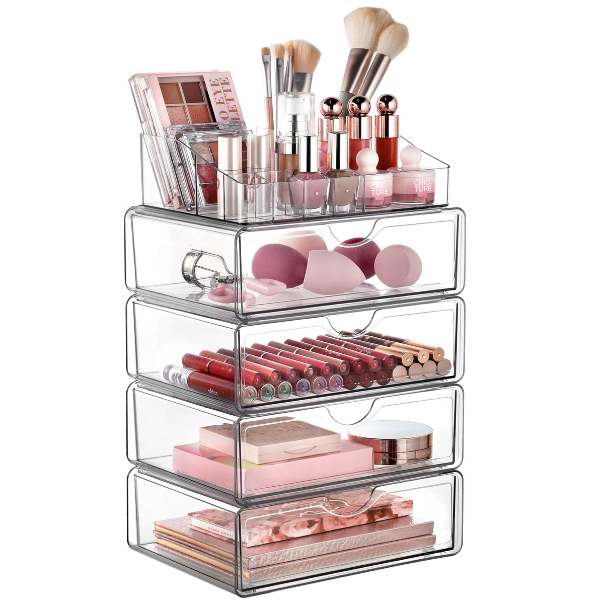Vtopmart 5-tier clear makeup organizer top compartments keep lipsticks and brushes neatly accessible.