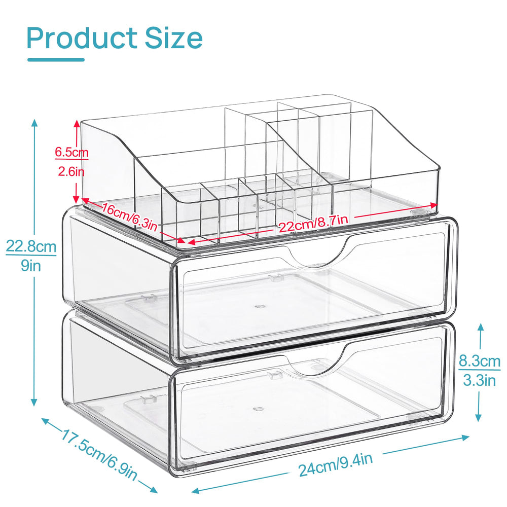 Vtopmart clear cosmetic storage bin highlights transparent design for quick product spotting.
