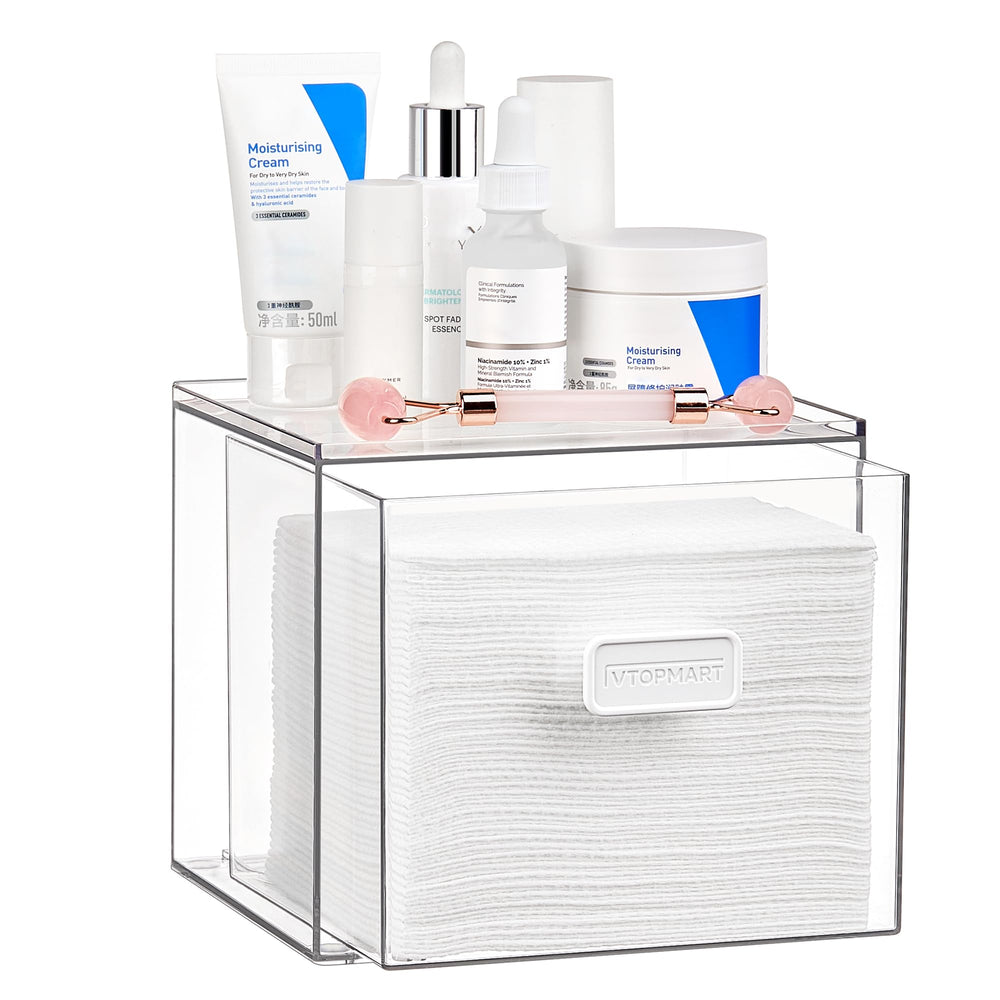 Vtopmart clear-drawer towel holder shows remaining towels for easy restock during skincare routines.