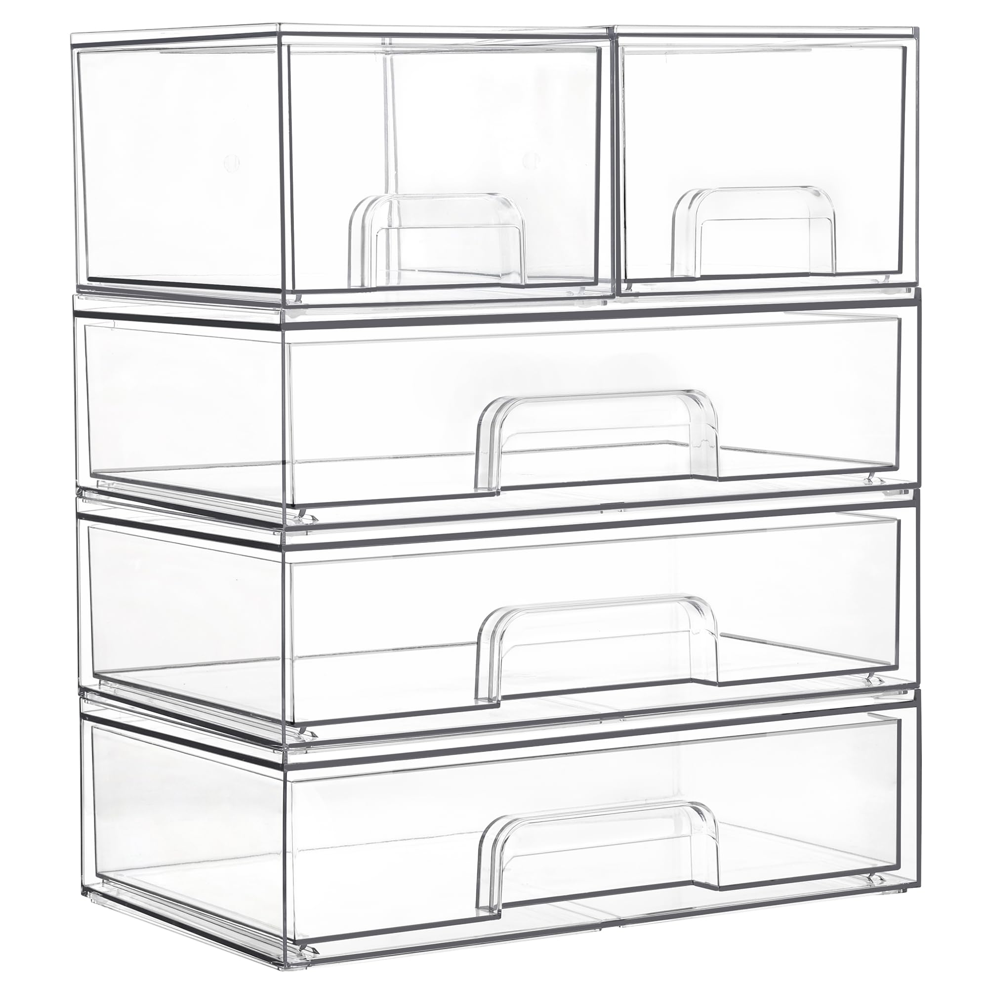 Vtopmart clear stackable drawers front view demonstrating five-drawer makeup organization