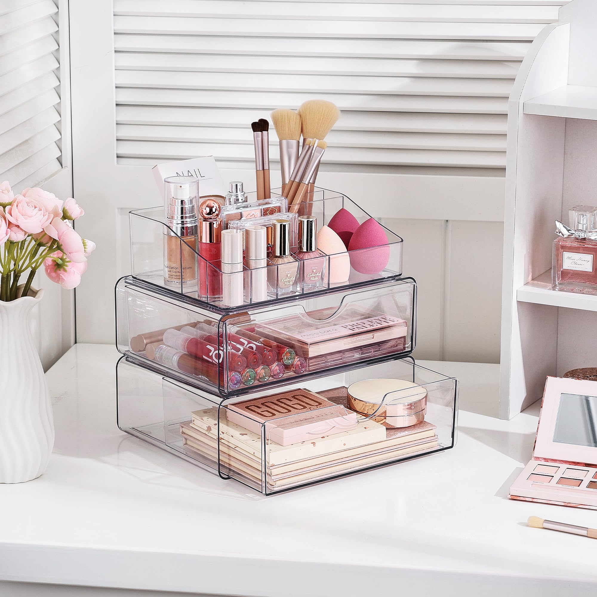 Vtopmart makeup organizer drawer closeup shows sliding rails for smooth operation.