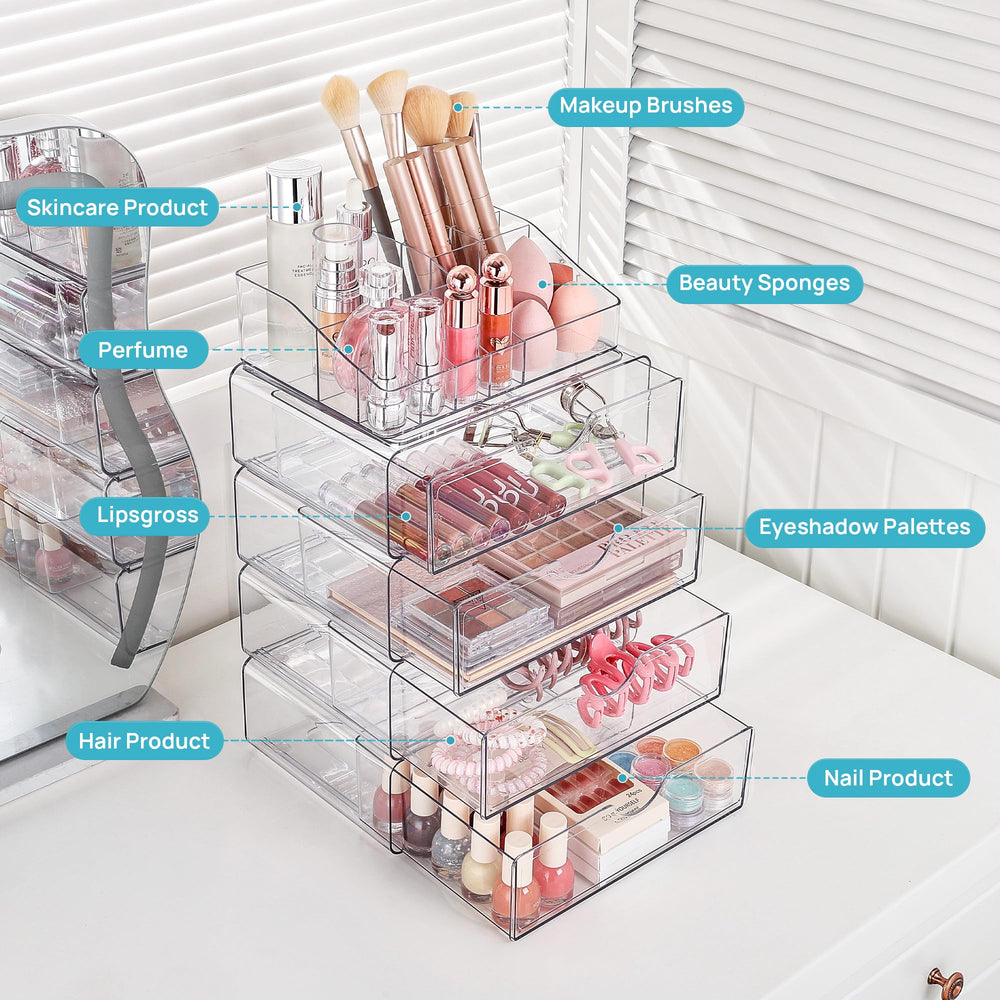 Vtopmart makeup organizer side view emphasizes compact footprint on vanity.
