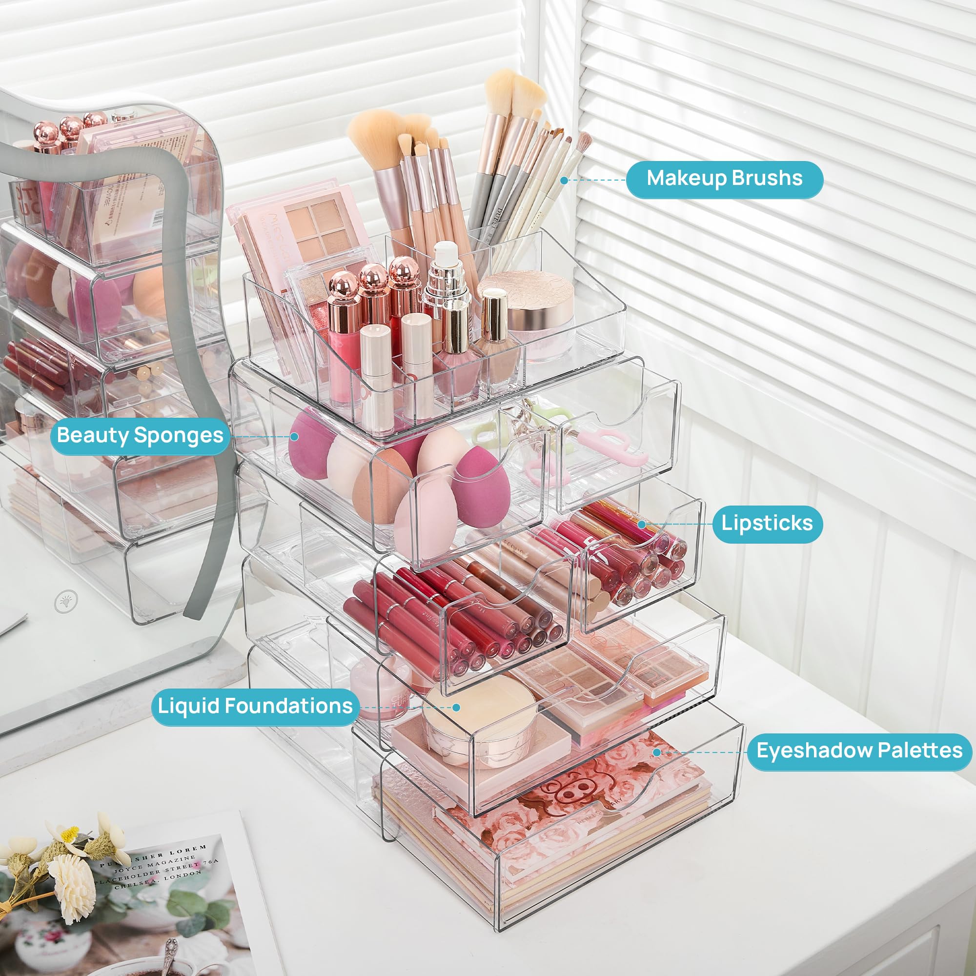 Vtopmart transparent compartments for brushes and lipsticks, easy finding.