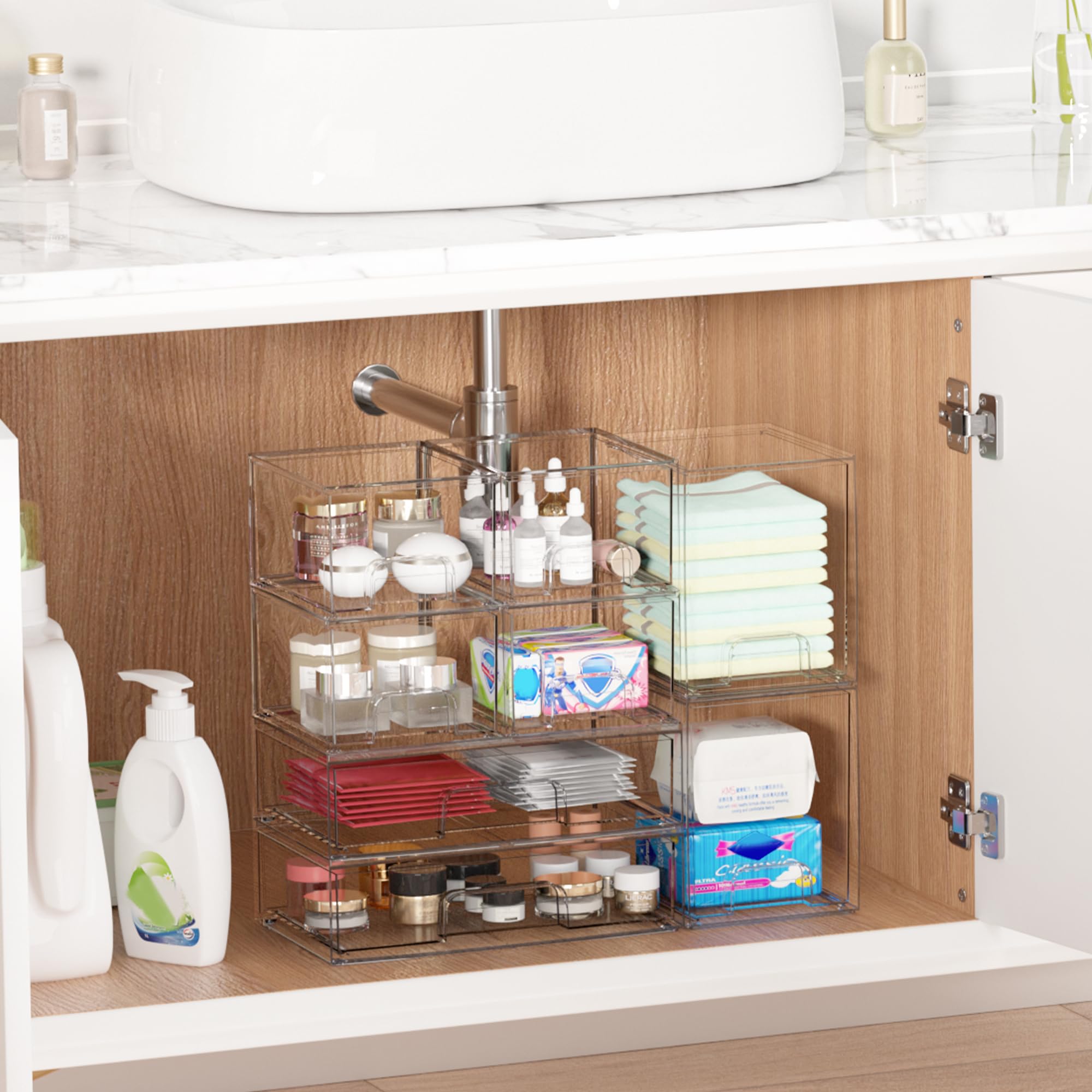 Vtopmart under-sink bathroom-organizer with non-slip pads stays put during use.