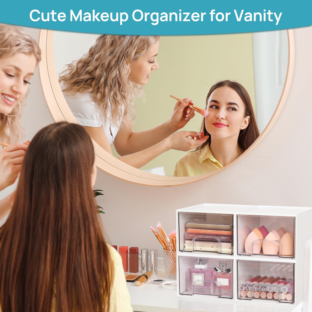Vtopmart vanity countertop organization in bathroom or makeup area.