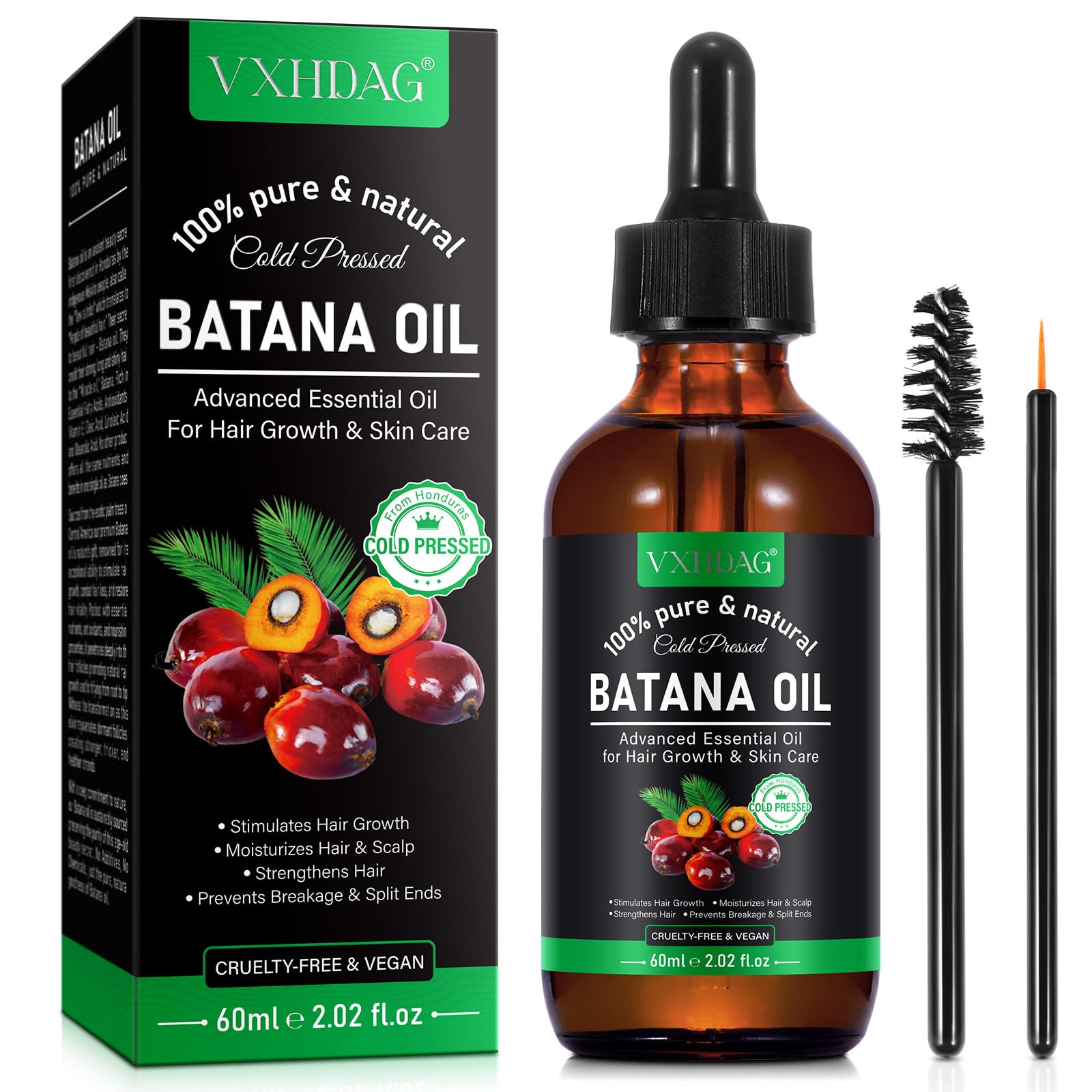 VXHDAG bottle front view showing pure Batana oil and natural sourcing benefit