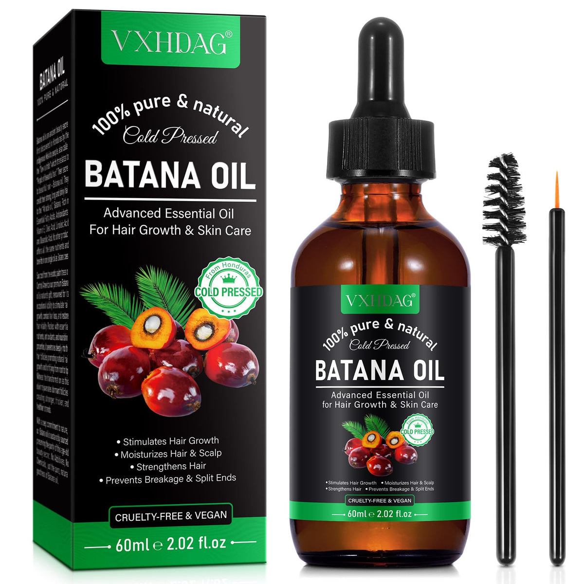 VXHDAG bottle front view showing pure Batana oil and natural sourcing benefit